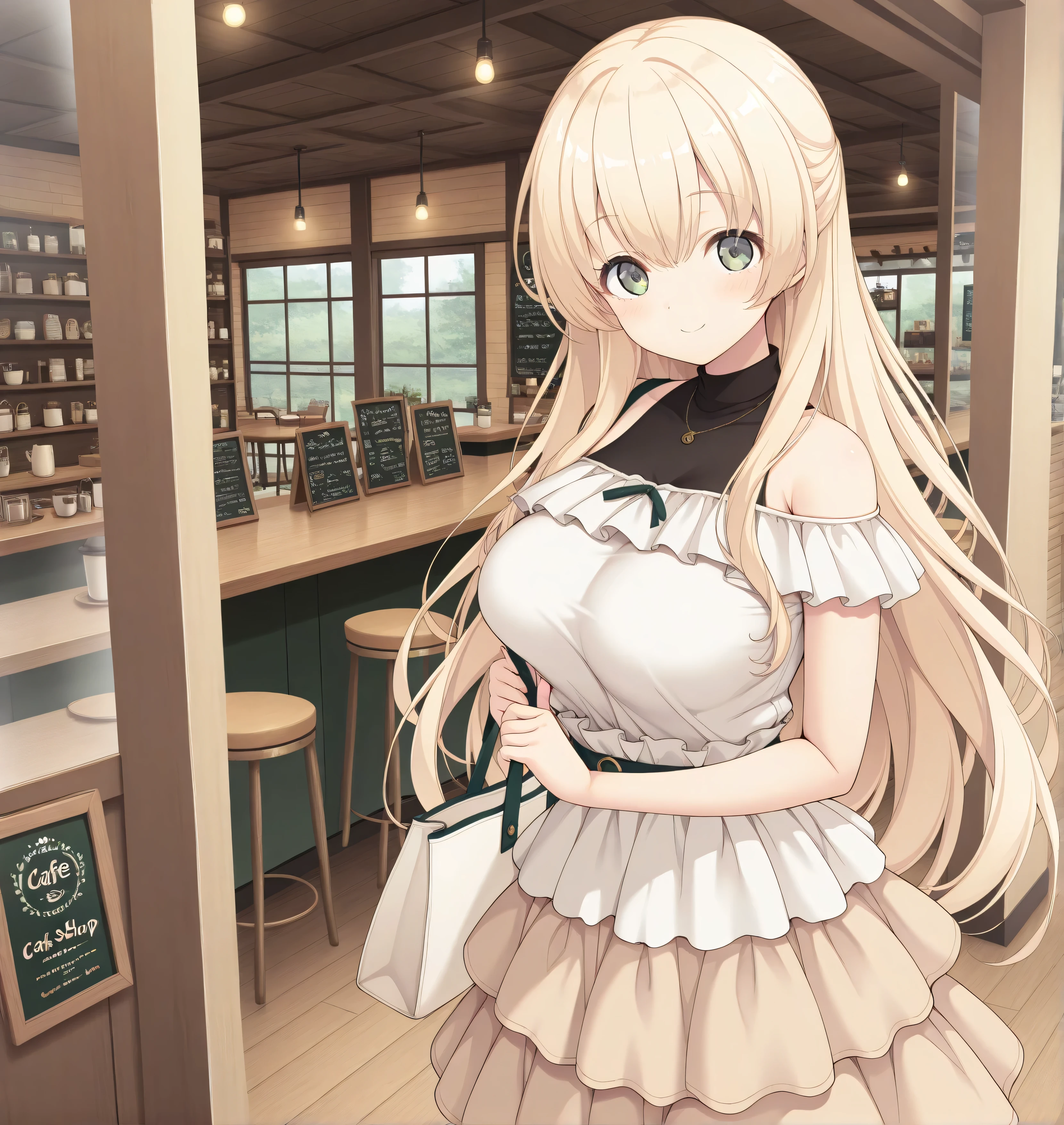 masterpiece, best quality, highres, scenery, newest, 1girl, official style, ren, blonde hair, green eyes, casual shirt, layered skirt, looking at viewer, cute smile, fully shoulders, normal breasts, cute face, cafe shop, wear bag shoulders,
