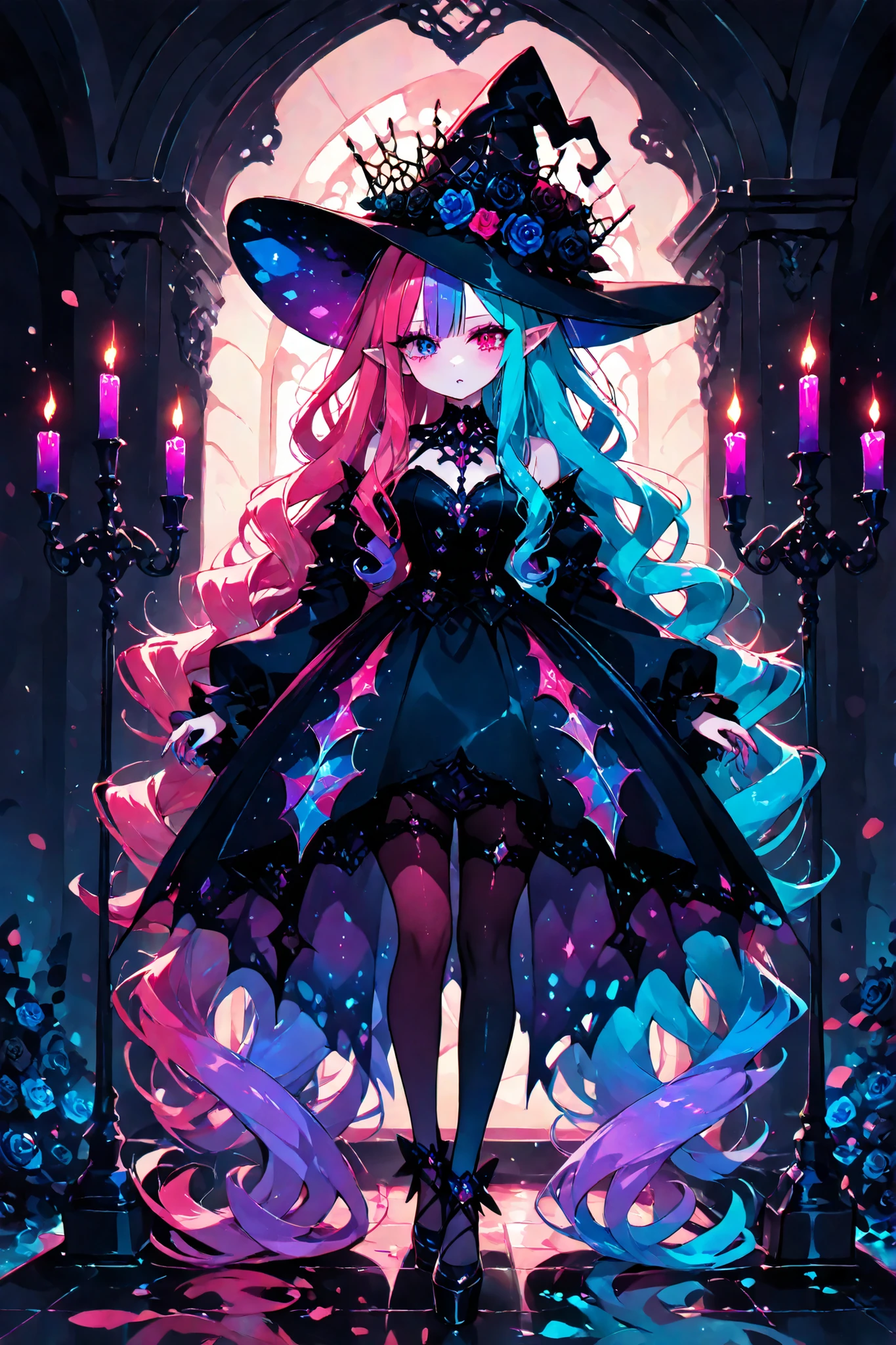 (SPLIT-COLOR HAIR,MULTICOLORED HAIR, TWO-TONE HAIR,) The vampire witch lady. She has pale skin covered with glitter and pointy ears. She has crimson eyes, pink fuchsia lips and red-pink eyelashes. She has long turquoise curly hair , the ends of her loose hairstyle dye in gradient of blue and pink colors. She is wearing a black-blue and purple Gothic witch dress with star embroidery and a turquoise -black lace bolero. On her head is a massive dark turquoise witch's pointed hat with a wide brim, decorated with ruffles, black roses and a skull in a crown. She is wearing mesh tights and black Rococo shoes with turquoise ruffles. She has a lot of silver rings with multicolored stones and long manicured blue claws. (IN the background: The gloomy Gothic palace, decorated with a coffin in which a black rose blooms and a candelabra with purple candles hangs from the ceiling.)