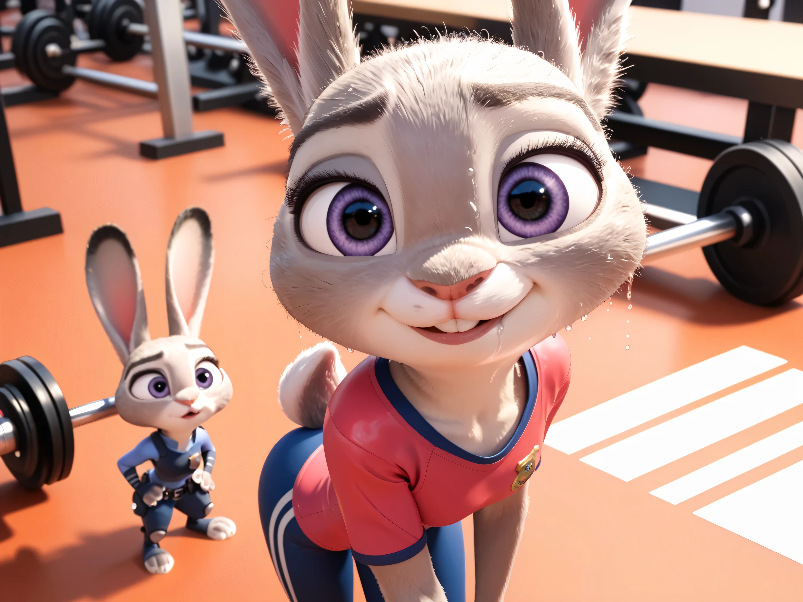 Zootopia,Judy,judy hopps, Grey Rabbit,High Quality,Rabbit Beast拡張,Rabbit Beast,3D,,Rabbit,Beastミルク, 3D, 3DCG, realistic, bunny, cute, perfect body, BEAUTIFUL CLOSE UP PHOTO. Her collarbone, shoulder, wet lips under gym clothes are the focus of the photo, gym clothes, ass view