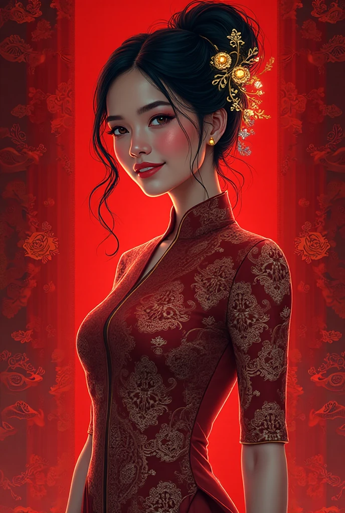a beautiful female vampire wearing a ((blood stained: 1.5) white Cheongsam: 1.5), an extremely beautiful female vampire, ultra detailed face, blond hair, long hair, wavy hair, dark glamour make up, pale skin, red lips, (glowing red eyes: 1.2), visible (vampiric fangs: 1.2), she wears a ((blood stained white Cheongsam: 1.5)), elegant, intricate detailed Cheongsam, silk Cheongsam, small , ((Cheongsam is decorated with gems: 1.3)), she wears elegant knee high heeled boots, exquisite knee high heeled boots, there are stains of blood on the upper part of the dress, dynamic background, best details, best quality, highres, ultra wide angle, 16k, [ultra detailed], masterpiece, best quality, (extremely detailed), full body, ultra wide shot, photorealistic, fantasy art, dnd art, rpg art, realistic art, dark novel,