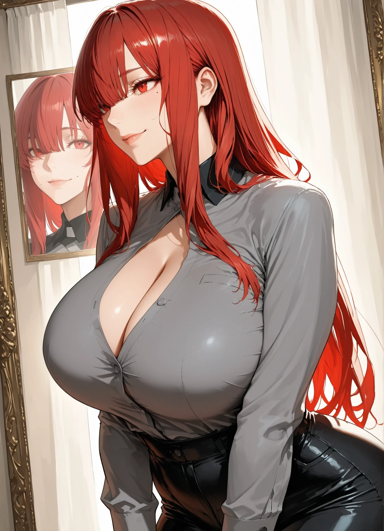 score_9, score_8_up, score_7_up, score_6_up, 1girl,(king nabunaga fate:1.1)),breasts, red hair, red eyes, light skin, mole, large breasts, ((long hair:1.1)), thick thighs, wide waist, flat abdomen, curtain bangs, beautiful, mature woman, shoulder-length hair, perfect eyes, flirtatious smile, shirt, long sleeves, pants, cleavage, front, random color shirt, random color pants, ,((side face view:1.1)),((close view to face:1.7)),tailcoats,Balecxi_Style,Balecxi_Style,Detailed Illustration, Realistic Style, Surrealism, HDR, High Contrast, masterpiece, best quality, photorealistic, ultra realistic details, detailed skin, 8k wallpaper.