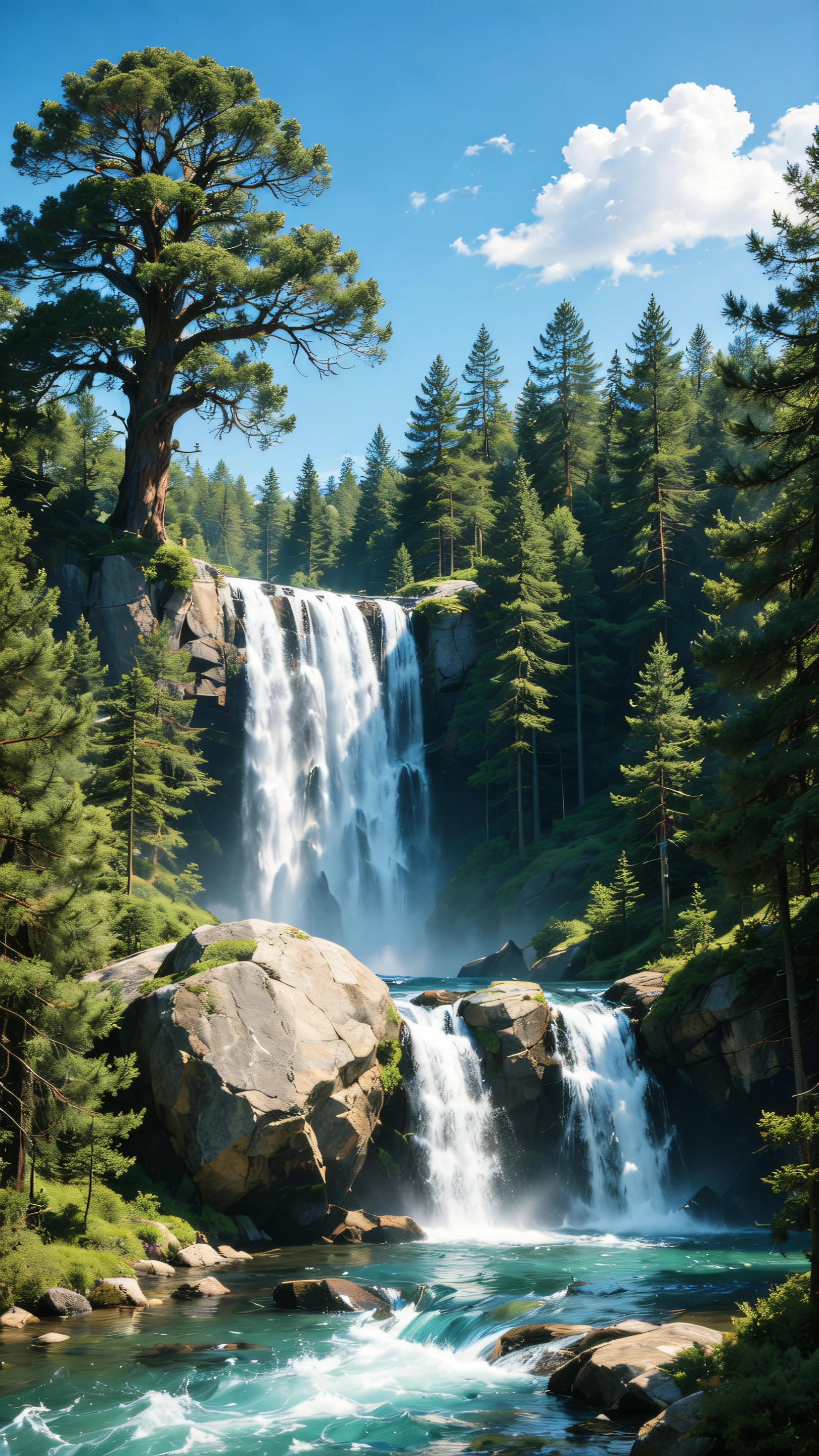 A very high waterfall in the forest surrounded by lush pine forest. At the top near waterfall on left side is a huge oak tree. The waterfall falls on a huge rock an then where it breaks into two parts, and then flows into the river. An incredible scenario that takes your breath away. The beauty that only nature can create. Clear blue sky with some white clouds. Crystal clear water that is transparent. ultra quality details, realistic, hyper realistic, HDR, 8K,masterpiece, dynamic scene. natural beauty. @batamb