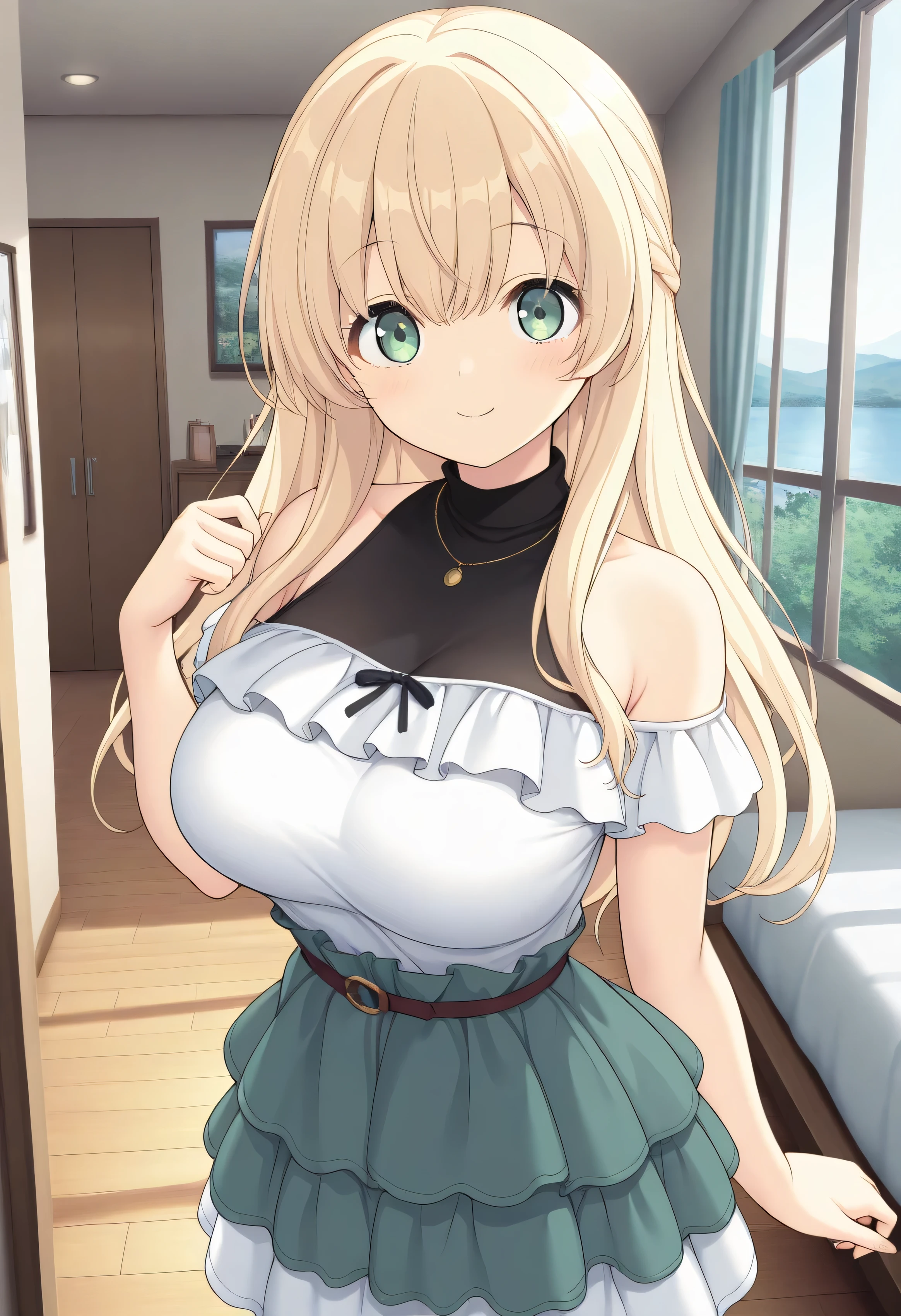masterpiece, best quality, highres, scenery, newest, 1girl, official style, ren, blonde hair, green eyes, casual shirt, layered skirt, looking at viewer, cute smile, fully shoulders, normal breasts, cute face, room, hand up, dance