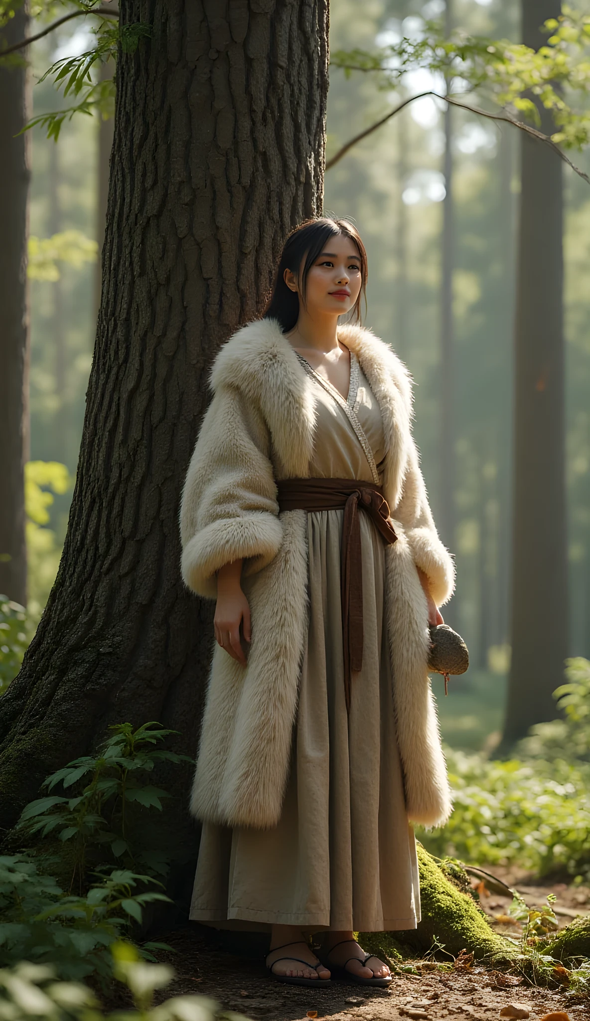 Stone age era, (prehistoric age era:1.6), ((Realistic cinematography ultra wide angle depth intense details of realistically stunning forest landscape scenery)),A big tree, focusing on a happy goth female standing beside a big tree,,holding and gripping a realistic sharp stone,,(every features are depicted clearly),(realistically and intricately depicting scenery),((prehistoric age)),,(primitive long size fur fabric cloak tunic dressing|fully wool woven kimono dress enveloping her whole body),long woolly skirt,(perfectly depth symmetrically precisely busty full body shaped),(cinematic dynamically camera widely angle scenery:accurately depicted:1.3),the lively prehistoric cradle of historcal depicting scenery,afternoon,realistically full depth,summer season,(cinematography dynamic angle|hyperrealistic:realistic scenery:3d texture over the scenery),best videography angle,hdr,masterpiece,4K,(cinematography vibe),primordial folk fabric wardrobe,(dynamic image composition),(octane 3d rendering|50mm lens shot:1.3),(precise lifelike skin texture:lifelike hairs:realism),(best rule of third photography composition),(best image aperture),(full details depth of field),(best shutter speed),(RAW photo image),(photorealistic|photorealism:hyperrealism style),(realistic depth 3d:cgi:1.3),(trending on cgsociety:devianart:unreal engine 5),,(best photography:national Geographic style), bronzePunkAi and sandalPunkAi artwork, digital art,best lighting concept,(realistic intricately fixed truly fully human's anatomy body+hands+and+fingers anatomical),natural motion,inspired by farcry5 game artwork, SFW,