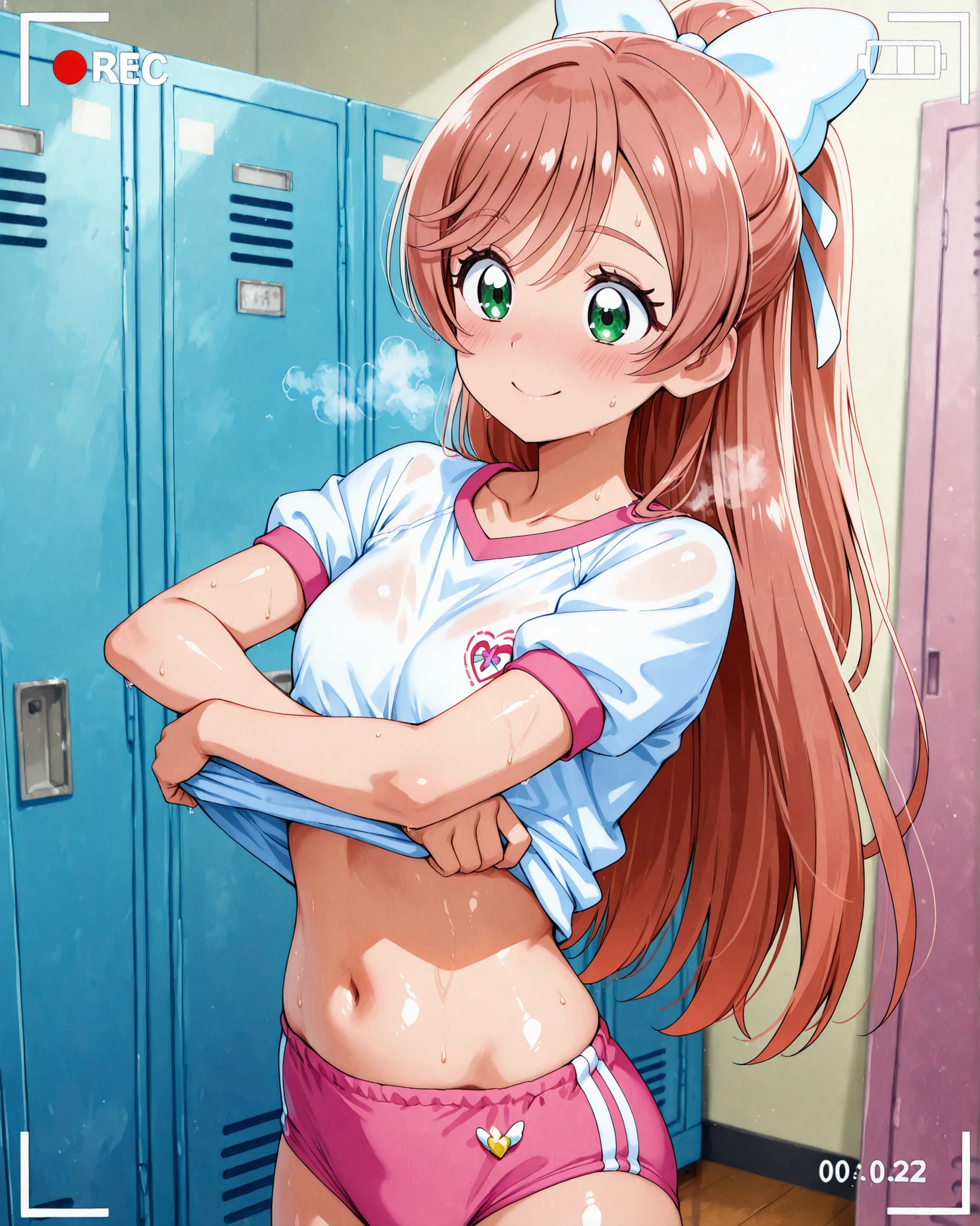 (ultra-detailed),(masterpiece),(best quality),high score,highres,incredibly absurdres,anime screencap,pastel colors,anime,shiny skin,No Background,Balanced upper and lower body structure,incredibly detailed beautiful collarbone line,incredibly ,
Nijigaoka Mashiro, magical girl,Hirogaru Sky Pretty Cure,precure,
solo, 1 girl,
pink hair,bun hair, high ponytail, very long hair, hair ribbon, white ribbon, hair bow, bangs, Very long fringe,half updo,bangs flop to the side,hair between eyes,green eyes, i
ncredibly detailed beautiful pupillary,eyebrows visible through hair,
smile, blush, sweat, steam,
undressing, lift up shirt,
view finder, recording,
buruma, white shirt, pink buruma,
locker room, pink lockers,