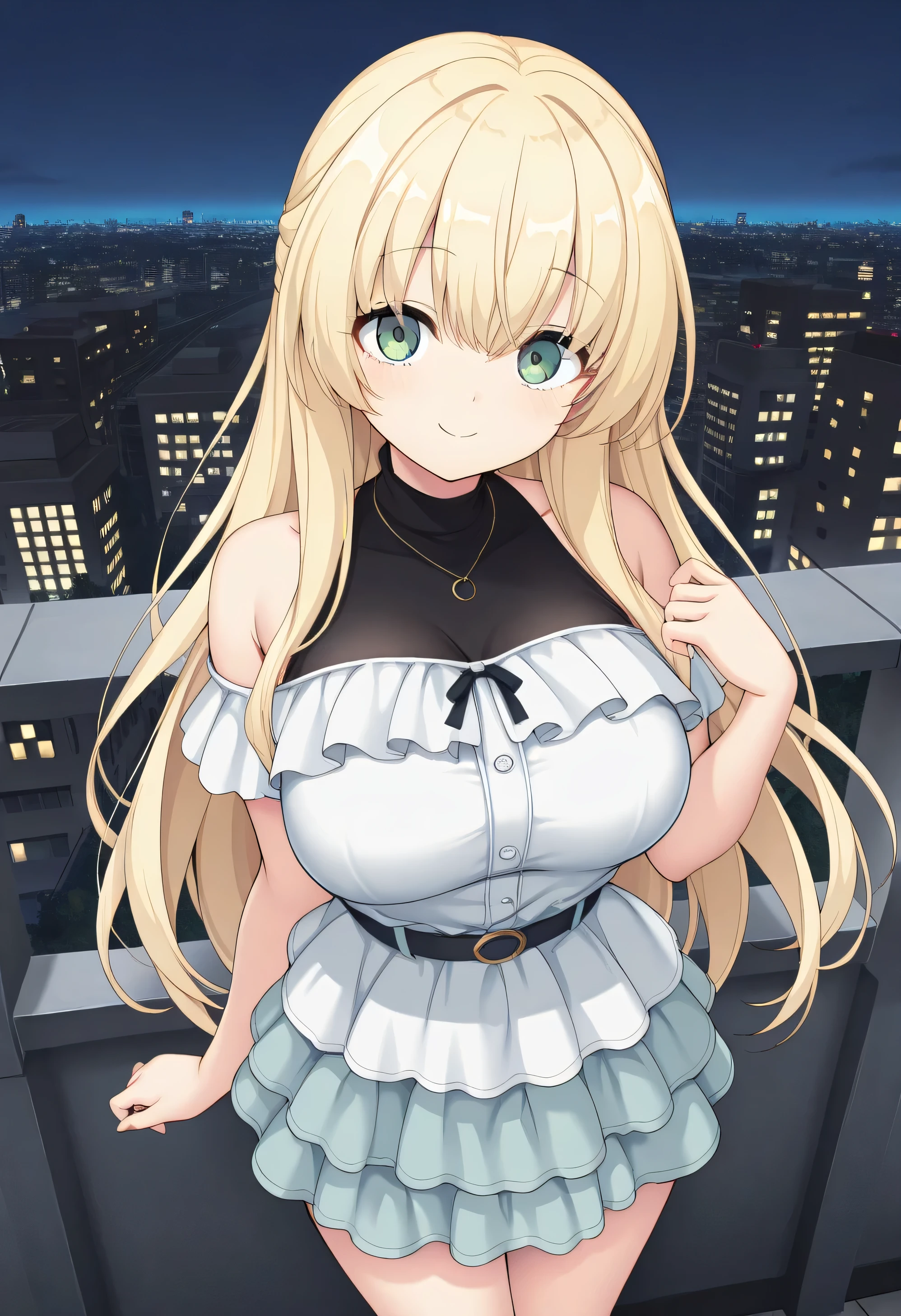 masterpiece, best quality, highres, scenery, newest, 1girl, official style, ren, winded ul blonde hair, green eyes, casual shirt, layered skirt, looking at viewer, cute smile, fully shoulders, normal breasts, cute face, outside city night, hand up, rape me later,