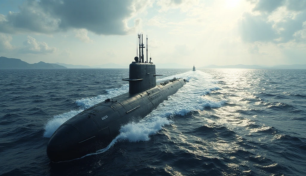 Submarine Reflection A cinematic, photorealistic illustration of a Chinese nuclear submarine ...