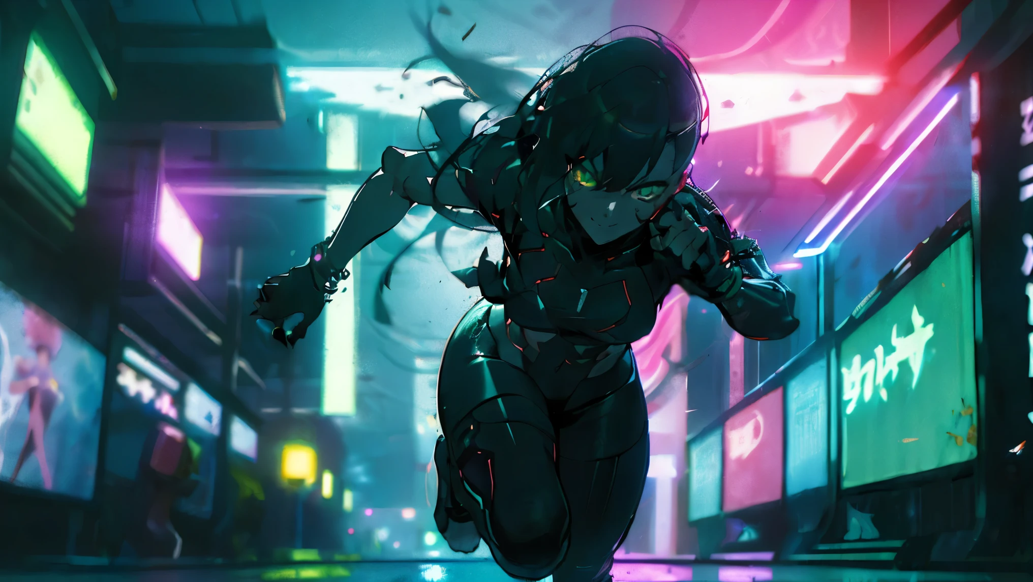 A young female protagonist running through neon-lit futuristic city streets at night. Short dark hair flowing backward from motion, glowing green eyes filled with determination and excitement, slight smile showing confidence. Face turned slightly toward viewer, dynamic angle emphasizing speed. Wearing futuristic sleek outfit with glowing accents. Sparks, holographic effects, neon reflections on wet ground. Vibrant cyberpunk color palette, cinematic anime style, ultra-detailed, motion blur to emphasize high energy and dynamic movement.

高画質、超繊細