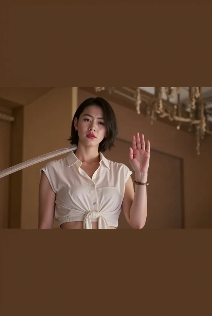 ((highest quality)), ((masterpiece)), (Familiar), (High resolution), (Genuine), 8k, Best Shadow, Side lighting, Cinematic、(Complex:1.4)、((An office lady kneels opposite a businessman standing with his ??????????, Please look up at the front.))、Mature woman with ????????? body,very thin body、barefoot、Low - Angle、(Bright office reception room)、Bra see-through