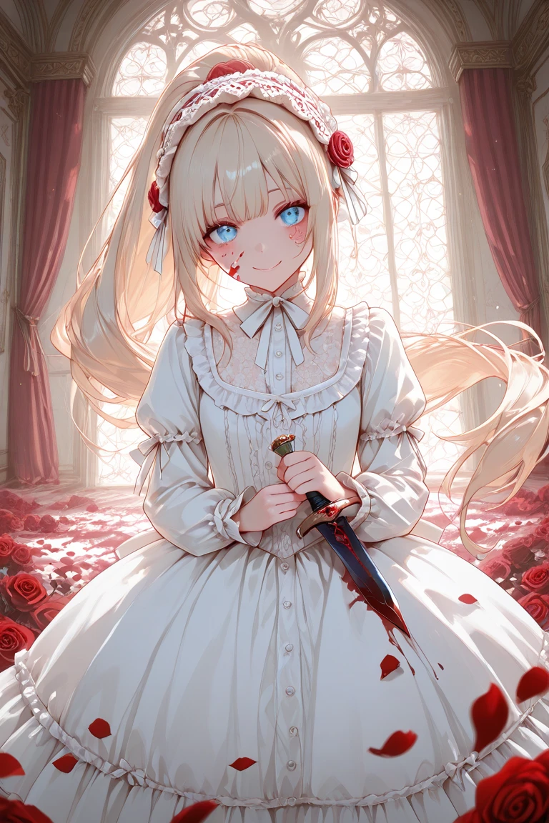 flat color,LOR Artstyle, veil, solo, flower, white background, simple background, holding, crown, staff, blood, rose, no humans, holding staff, weapon, red flower, blood, bloodstain