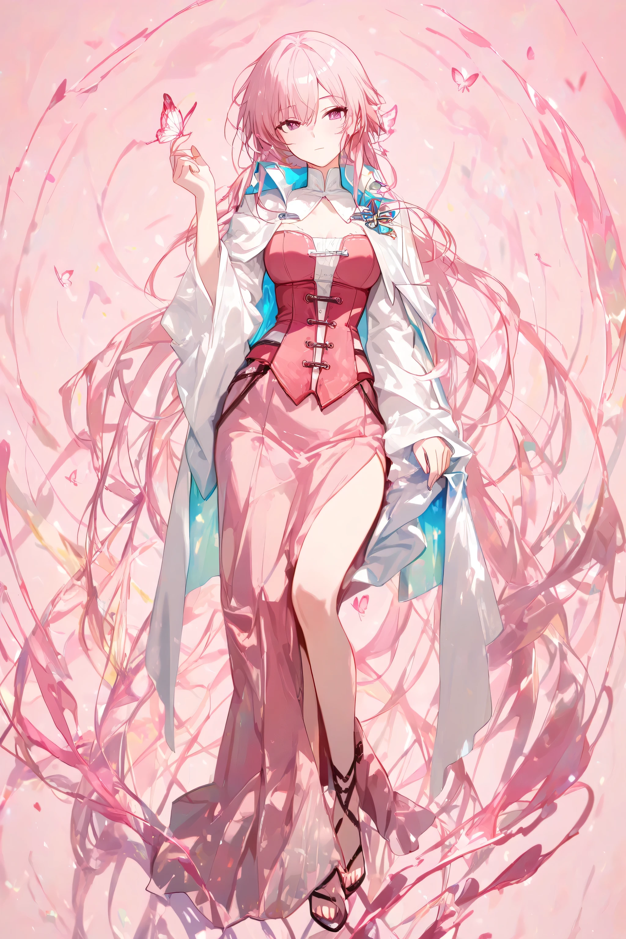 a detailed anime-style character , human, standing, full body, front view ,high quality, detailed eyes, intricate details,butterfly sitting on finger,pink,soft lighting, sharp focus, semi real,8k, anime character, vibrant colours , delicate features,detailed eyes, contemplative pose, head slightly turned,She wears a fitted,bodice with intricate vertical paneling, flowing into a dramatic, high-slit skirt that fades from deep to light at bottom. A long, ethereal, light cape with wide sleeves drapes over the shoulders, . The overall design emphasizes sharp angles, a high collar. Perfectly framed , nothing cropped out , fully visible , ( nothing cropped out :1.4)"