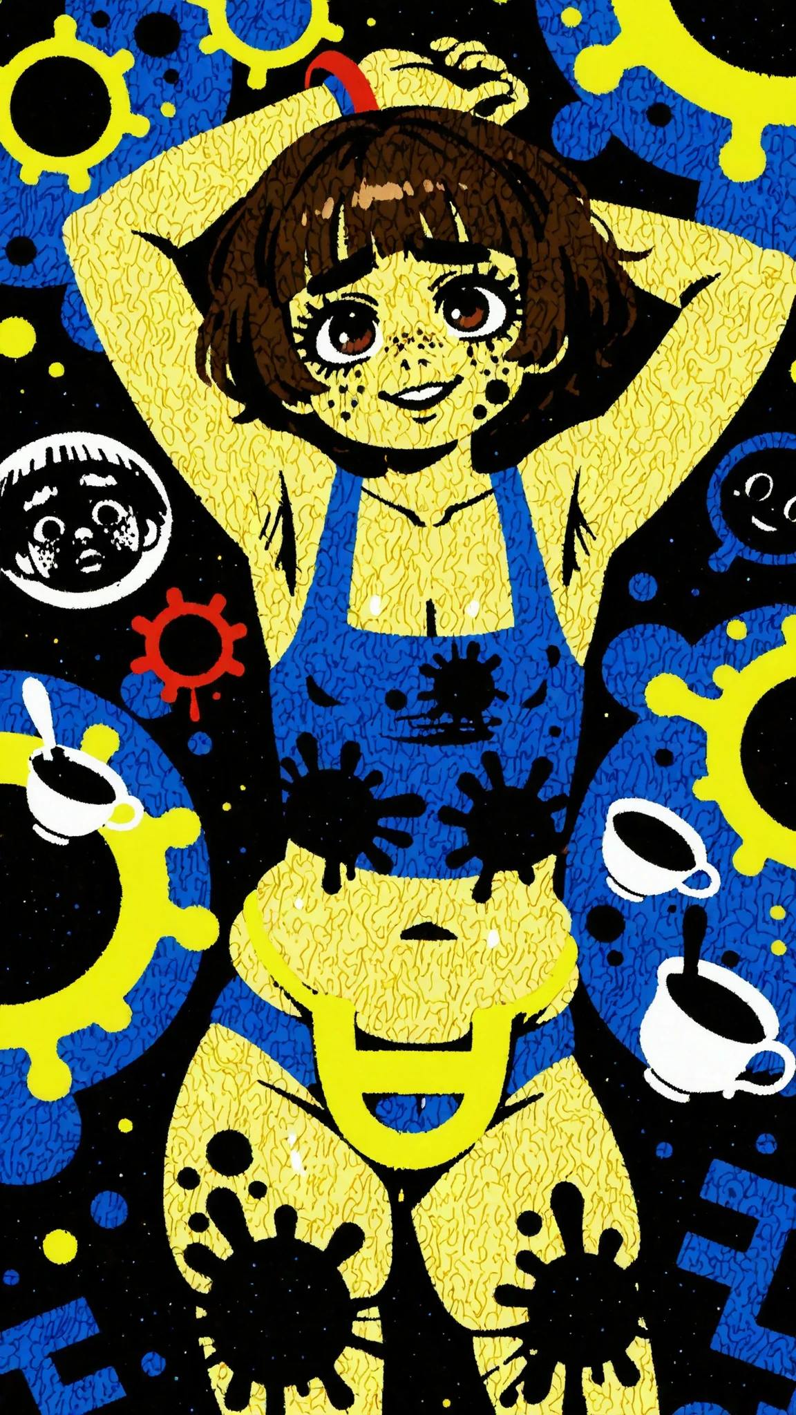 (no lineart:1.3), simple coloring, toes, hips focus, oil grease on chests, oil grease on clothing, Male Witch, bangs, flattered brunette, brown eyes, sidelocks, (A garden setting), male focus, in kawaii nurses outfit, ((calves, exposed legs)), (buttock augmentation), masterpiece, (boy unibrow) 1boy (ugly, brown unibrow),  4'11 height , (bowl hair cut) hair, deep cleavage, plump lips, cute male, (acne on face (pink, yellow) big pimples on forehead, freckled cheeks), (freckles), solo, (hip dips), detailed (chests), (contrapposto), (thickness brows), shy, underarm, (armpits poses), hips:1.7:1.4, brief visible through clothing, collarbone, malebody, wavy hair, bracelet, aesthetic eyelashes, lines around the eyes, shows his large crooked-teeth smile, (male upper lip) (nostrils) nose hairs in nostrils, skin dent , best quality, hair Coccinellidae, sexually suggestive, navel, BREAK 1panel segment, burger super squished, duo, (skin dentation, skin detailed), (undies) underwear, Buttock cleavage, (underwear bottom), [volumetric lighting , depth of field], easynegative, love handles, covered large puffy nipples, upper body, from above, weird art, no text, no watermark

Abstract surreal anime illustration, collage-like witch labyrinth  
The Witch of the Teacup, born from despair, expressed through chaotic toy-like abstraction  
Giant warped porcelain teacup with broken floral motifs, distorted into grotesque shapes  
Countless miniature teacups, saucers, and spoons scattered like doll parts, dripping with syrupy tea  
Candy-like textures, stitched plush motifs, bandaged objects, mismatched eyes floating in the scene  
Color palette of deep reds, greens, yellows, and sickly pastels, layered like painted paper cutouts  
Background filled with chaotic overlapping symbols, carnival-like yet menacing atmosphere  
Flat theatrical lighting with bold outlines, heavy contrast, painterly collage style  
ominous, surreal, unsettling yet playful atmosphere,