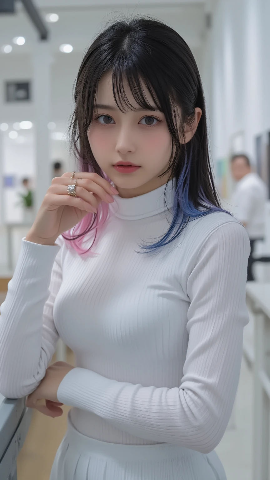 The best images, portrait, cute woman, Happy, shy, Ash gray shiny braided bangs rainbow colored short hair, big lilac eyes, huge breasts, great proportion, Brown fluffy sweater, sitting, breasts are on the table, background, room, Chair, table, professional lighting, anime, manga, figure, cleavage cutout 