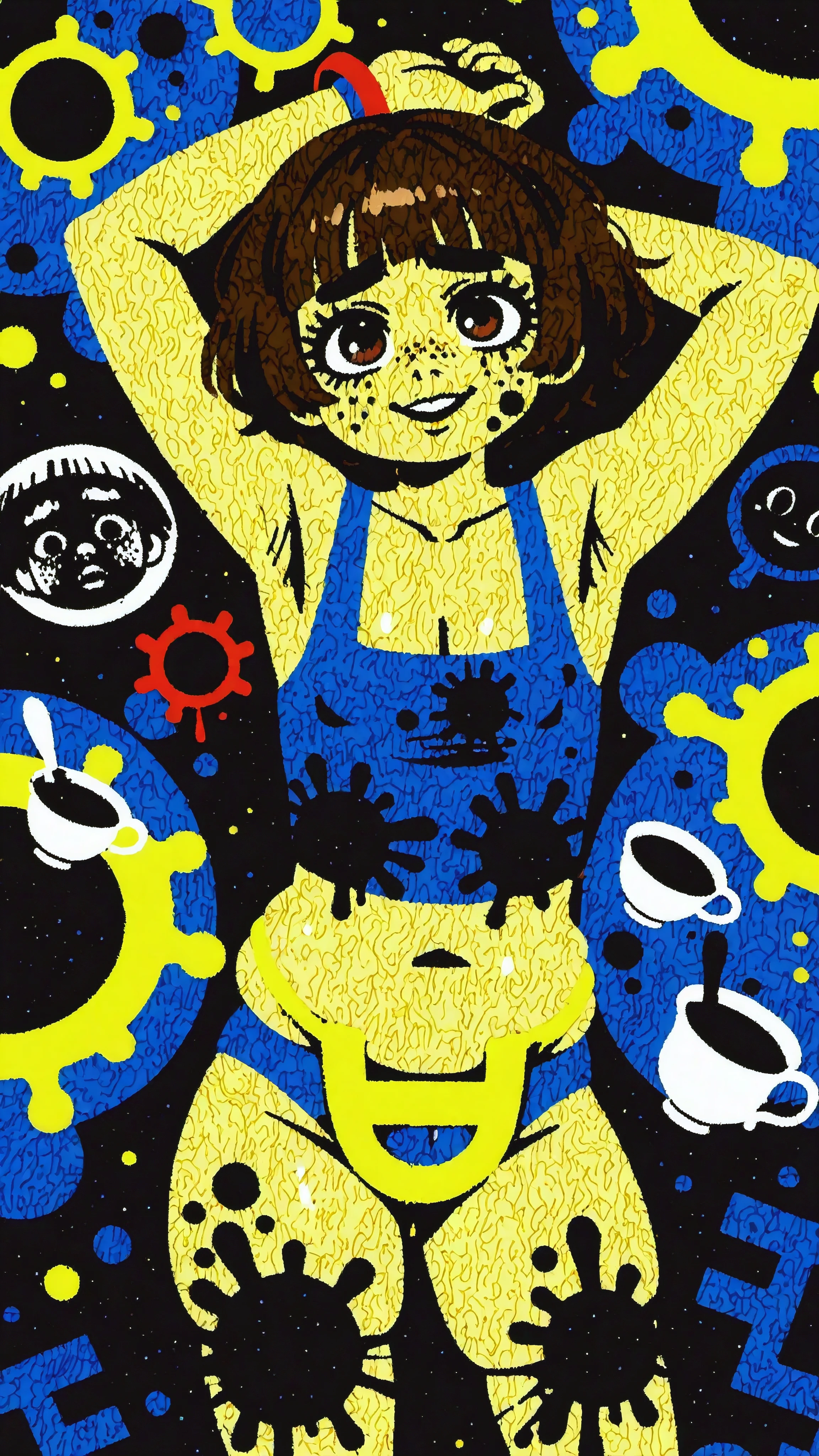 (no lineart:1.3), simple coloring, toes, hips focus, oil grease on chests, oil grease on clothing, Male Witch, bangs, flattered brunette, brown eyes, sidelocks, (A garden setting), male focus, in kawaii nurses outfit, ((calves, exposed legs)), (buttock augmentation), masterpiece, (boy unibrow) 1boy (ugly, brown unibrow),  4'11 height , (bowl hair cut) hair, deep cleavage, plump lips, cute male, (acne on face (pink, yellow) big pimples on forehead, freckled cheeks), (freckles), solo, (hip dips), detailed (chests), (contrapposto), (thickness brows), shy, underarm, (armpits poses), hips:1.7:1.4, brief visible through clothing, collarbone, malebody, wavy hair, bracelet, aesthetic eyelashes, lines around the eyes, shows his large crooked-teeth smile, (male upper lip) (nostrils) nose hairs in nostrils, skin dent , best quality, hair Coccinellidae, sexually suggestive, navel, BREAK 1panel segment, burger super squished, duo, (skin dentation, skin detailed), (undies) underwear, Buttock cleavage, (underwear bottom), [volumetric lighting , depth of field], easynegative, love handles, covered large puffy nipples, upper body, from above, weird art, no text, no watermark

Abstract surreal anime illustration, collage-like witch labyrinth  
The Witch of the Teacup, born from despair, expressed through chaotic toy-like abstraction  
Giant warped porcelain teacup with broken floral motifs, distorted into grotesque shapes  
Countless miniature teacups, saucers, and spoons scattered like doll parts, dripping with syrupy tea  
Candy-like textures, stitched plush motifs, bandaged objects, mismatched eyes floating in the scene  
Color palette of deep reds, greens, yellows, and sickly pastels, layered like painted paper cutouts  
Background filled with chaotic overlapping symbols, carnival-like yet menacing atmosphere  
Flat theatrical lighting with bold outlines, heavy contrast, painterly collage style  
ominous, surreal, unsettling yet playful atmosphere,