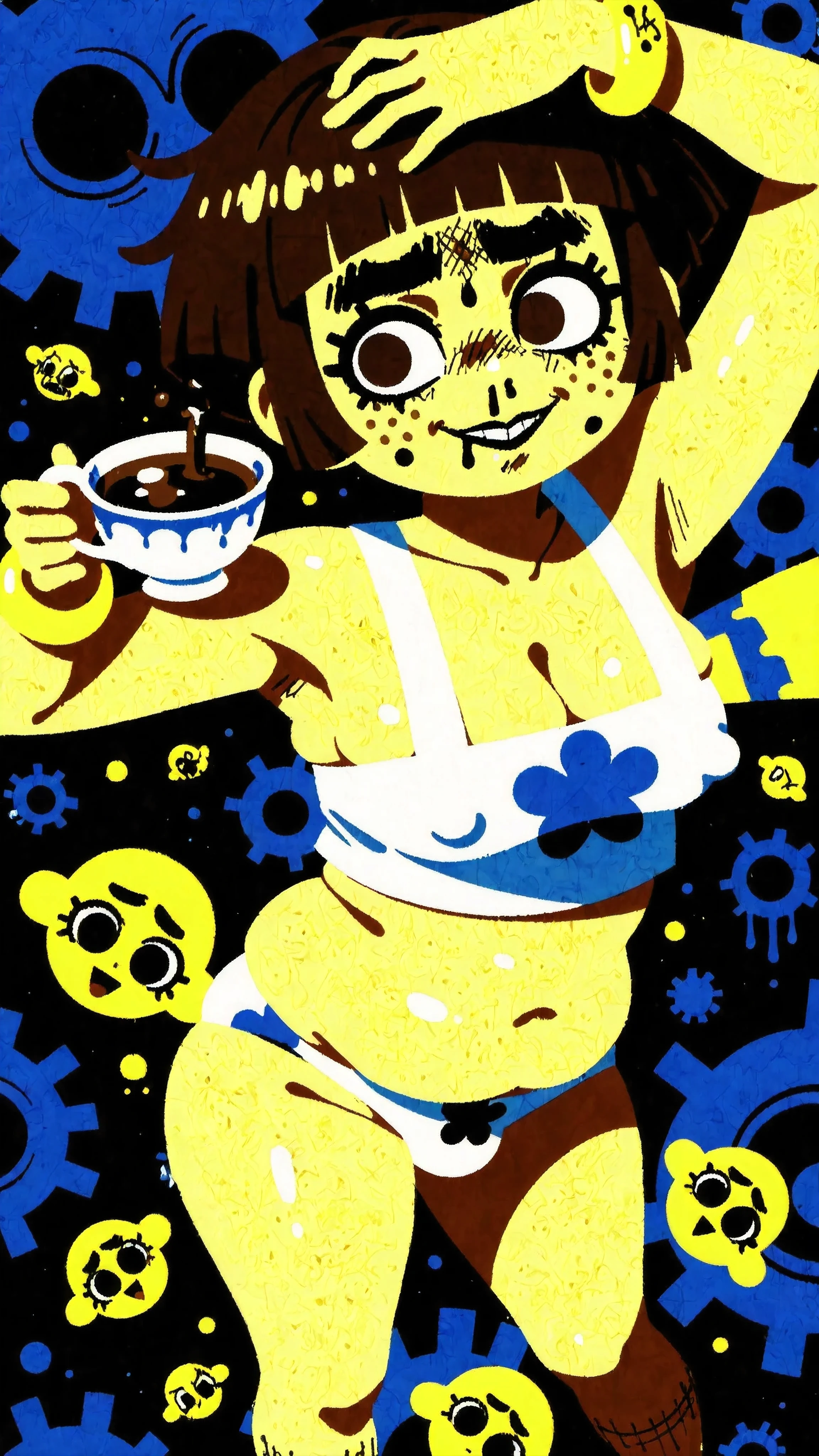 (no lineart:1.3), simple coloring, toes, hips focus, oil grease on chests, oil grease on clothing, Male Witch, bangs, flattered brunette, brown eyes, sidelocks, (A garden setting), male focus, in kawaii nurses outfit, ((calves, exposed legs)), (buttock augmentation), masterpiece, (boy unibrow) 1boy (ugly, brown unibrow),  4'11 height , (bowl hair cut) hair, deep cleavage, plump lips, cute male, (acne on face (pink, yellow) big pimples on forehead, freckled cheeks), (freckles), solo, (hip dips), detailed (chests), (contrapposto), (thickness brows), shy, underarm, (armpits poses), hips:1.7:1.4, brief visible through clothing, collarbone, malebody, wavy hair, bracelet, aesthetic eyelashes, lines around the eyes, shows his large crooked-teeth smile, (male upper lip) (nostrils) nose hairs in nostrils, skin dent , best quality, hair Coccinellidae, sexually suggestive, navel, BREAK 1panel segment, burger super squished, duo, (skin dentation, skin detailed), (undies) underwear, Buttock cleavage, (underwear bottom), [volumetric lighting , depth of field], easynegative, love handles, covered large puffy nipples, upper body, from above, weird art, no text, no watermark

Abstract surreal anime illustration, collage-like witch labyrinth  
The Witch of the Teacup, born from despair, expressed through chaotic toy-like abstraction  
Giant warped porcelain teacup with broken floral motifs, distorted into grotesque shapes  
Countless miniature teacups, saucers, and spoons scattered like doll parts, dripping with syrupy tea  
Candy-like textures, stitched plush motifs, bandaged objects, mismatched eyes floating in the scene  
Color palette of deep reds, greens, yellows, and sickly pastels, layered like painted paper cutouts  
Background filled with chaotic overlapping symbols, carnival-like yet menacing atmosphere  
Flat theatrical lighting with bold outlines, heavy contrast, painterly collage style  
ominous, surreal, unsettling yet playful atmosphere,