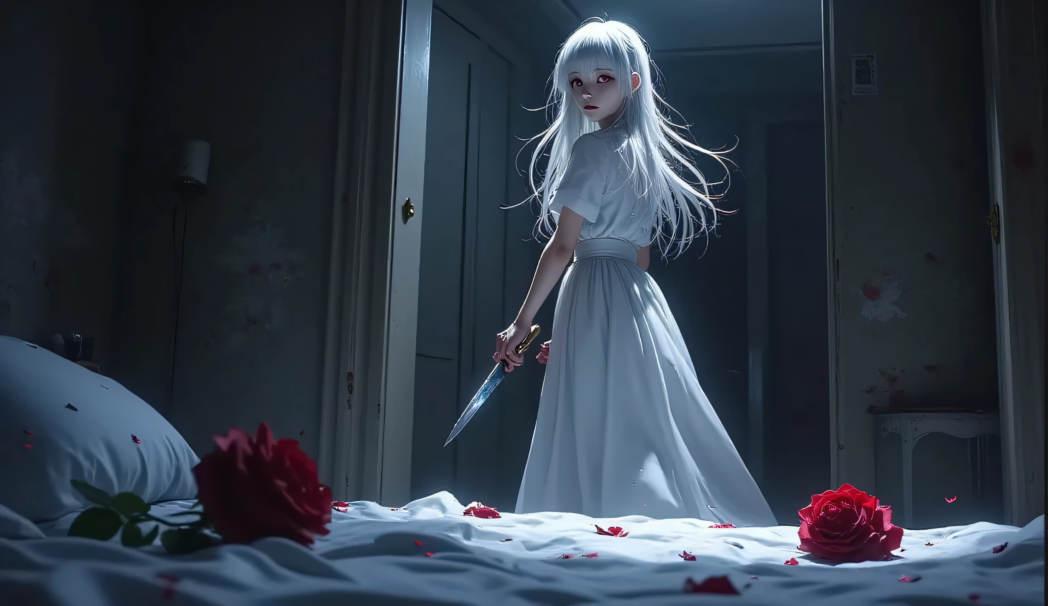 white hair, Red Eyes, simple white dress, anime art, holding a knife while slowly, He walks out the door of a dark room with his back looking sideways at the camera, leaving a deep red rose flat on a bed..