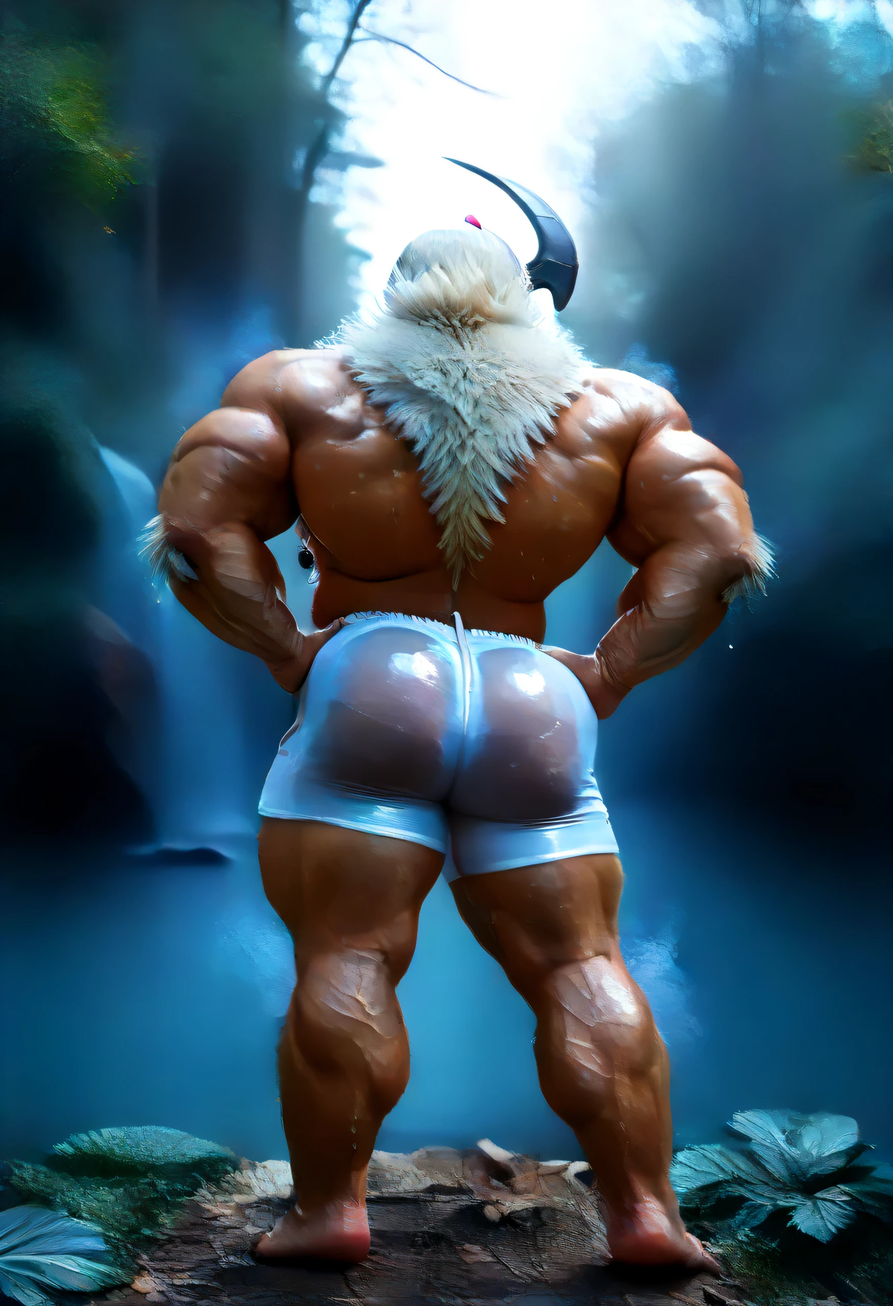 (((by 00b00b43, by morph))), (((Huge Adult Male muscular bara Furry Anthro Absol, Absol from Pokémon, Pokémon Absol))), (((Solo:2))), (((Position(facing away, showing his back, both hands are on his hip, standing)))), (((looking at you, extreme low-angle shot))), (((4k, perfect colors, perfect shadows, perfect lighting, clear facial features, BREAK Photorealistic, full body photo, Perfect anatomy, realistic, very Awa, masterpiece, best quality, absurdres, perfect quality, detailed background, intricate details))), (((Photorealistic Inside a Forest near a lake))), (((Huge Veiny muscular Body, muscular, Huge muscular bodybuilder body, manly, bara, kemono, hyper muscular, Huge muscular bulging muscles, Huge muscular bulging ABS, Huge muscular bulging pecs, Huge muscular bubble butt, Huge muscular thighs, Huge muscular calves, Huge muscular Thick Neck, Huge muscular Shoulders))), (((Photorealistic Furry anthro Fluffy Absol White Fur:1.5, Photorealistic Absol Black Skin:1.5, Detail Furry anthro Absol Tail, Photorealistic Furry anthro bara Chiseled Absol head, Furry anthro Absol fangs))), (((Very hairy body:1.5, sexy look:1.5, perfect male figure))), (((Nipple Piercings, ear piercings, rings))), (((Photorealistic human hands, human flesh tone hand palms, large hands, plantigrade feet, human feet, huge feet, Soles, human flesh tone footpads, finger claws, 5 fingers:1.5, 5 toes:1.5, toe claws, Absol Black Flesh Tone Puffy nipples, 10 feet tall:1.5))), (((wearing a wet tight transparent men athletic shorts:1.5))), (((Sweaty Body:1.5, body steam:1.5))),