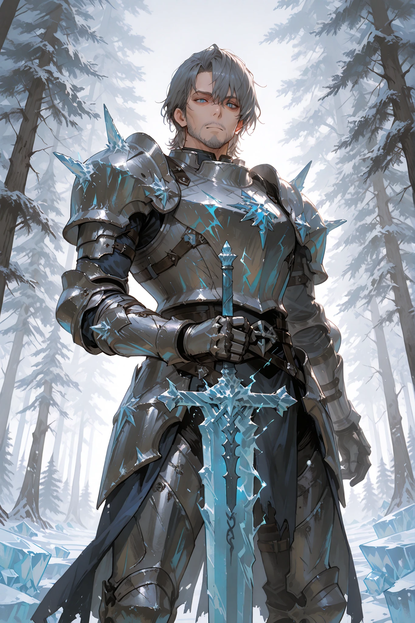 masterpiece, absurdres, high detail, enchanting eyes, solo, male, mature male, 25 years old, dark gray hair, short hair, messy hair, dark blue eyes, sharp eyes, no beard, armor, complete armor, gray steel, icy details on armor, ice on armor, holding great sword, steel great sword, ice on great sword edges, thunder magic, casting thunder magic on hands, fortess, fortess roof, noon, forest background, standing, looking at viewer, neutral expression, low angle