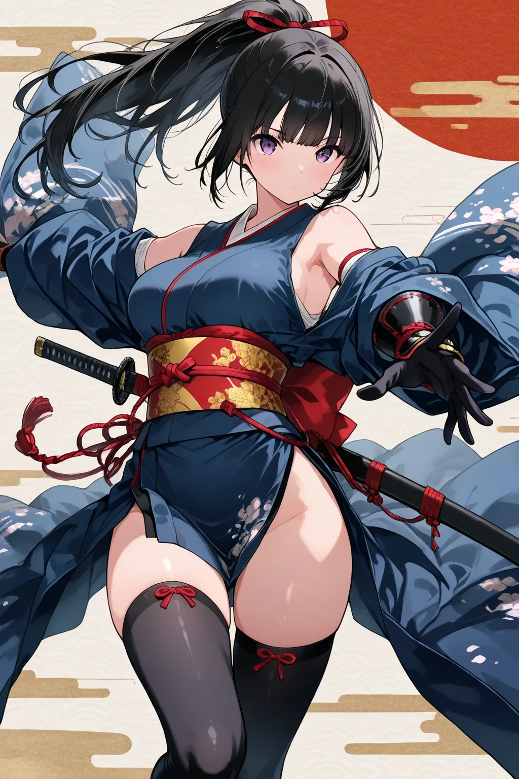 absurdres, RAW photo, extremely delicate and beautiful, masterpiece, Best Quality, ultra high resolution, 32k, hyperrealistic, ultra-detailed, in her 20s, delicate facial features, tearful mole, earring, ??????????????, full body shot, shorter middle hair, black hair, shuimobysim, Japanese kimono, ninja, samurai, sword with blue flames,