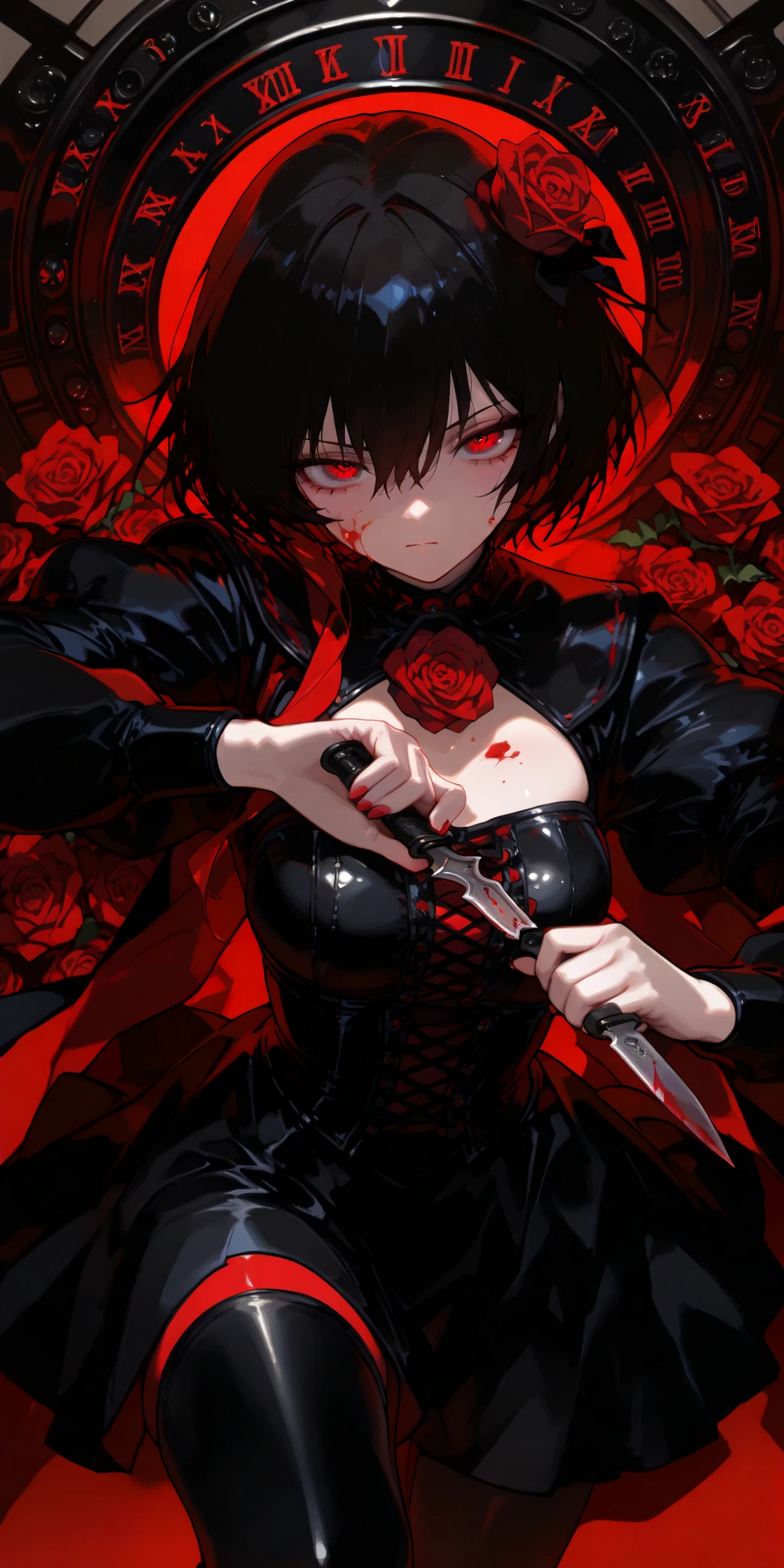 Rose,Roseをモチーフにしたドレス,暗殺者のwomanhood,hold knives,has blood on her face,womanhood,1girl,,sexy,Action,dynamic,Dramatic,anime,safe content(masterpiece, 最High Quality, High Quality, detailed background, complicated details,complicated,ultra high res, prompts, an AI illustration that reproduces a very beautiful ,Newest:1.2)