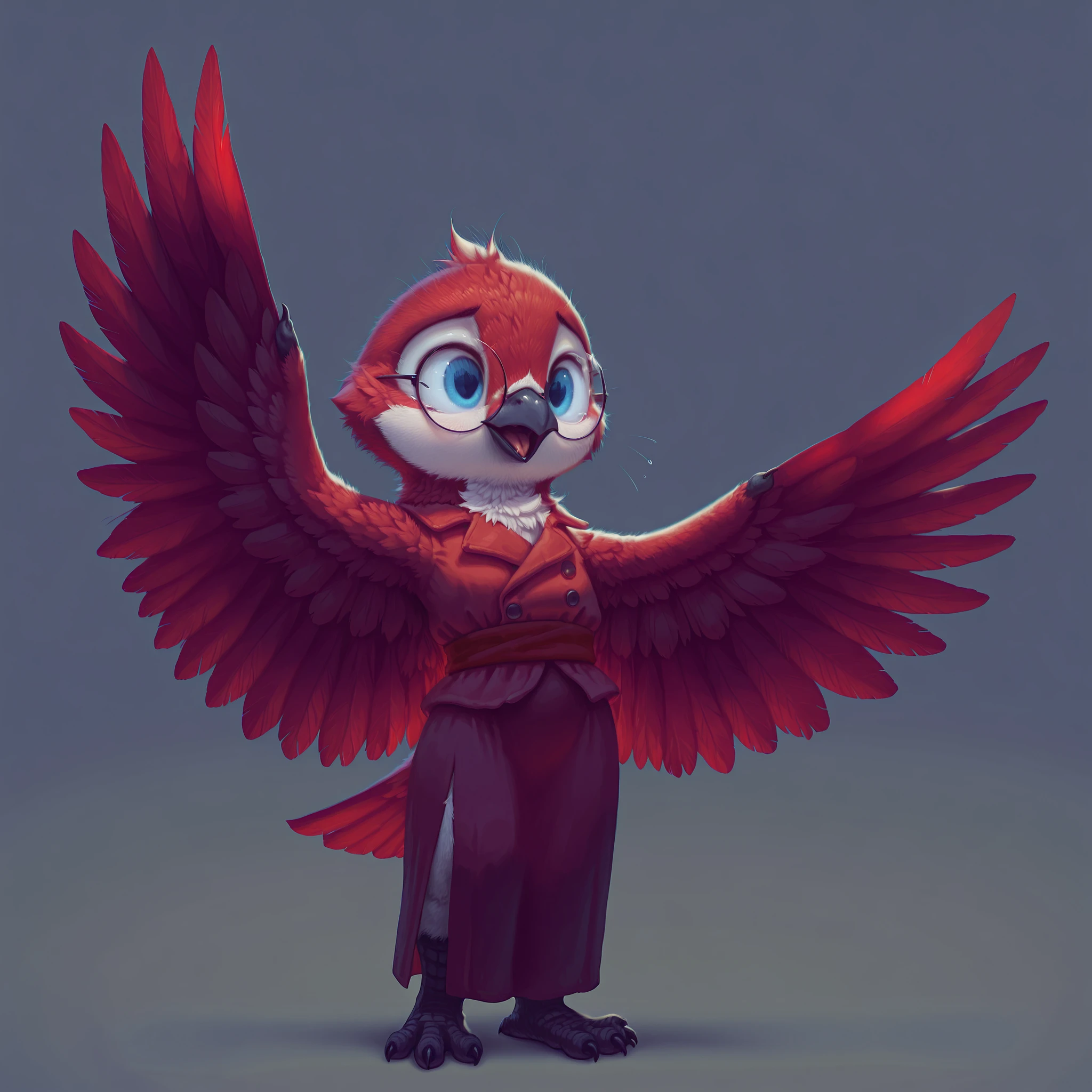 masterpiece, best quality, amazing quality, slvrfxstyleil, bird, red feathers, winged arms, blue eyes, round glasses, red dress, side slit, red sash, standing, simple background, solo, 1girl,