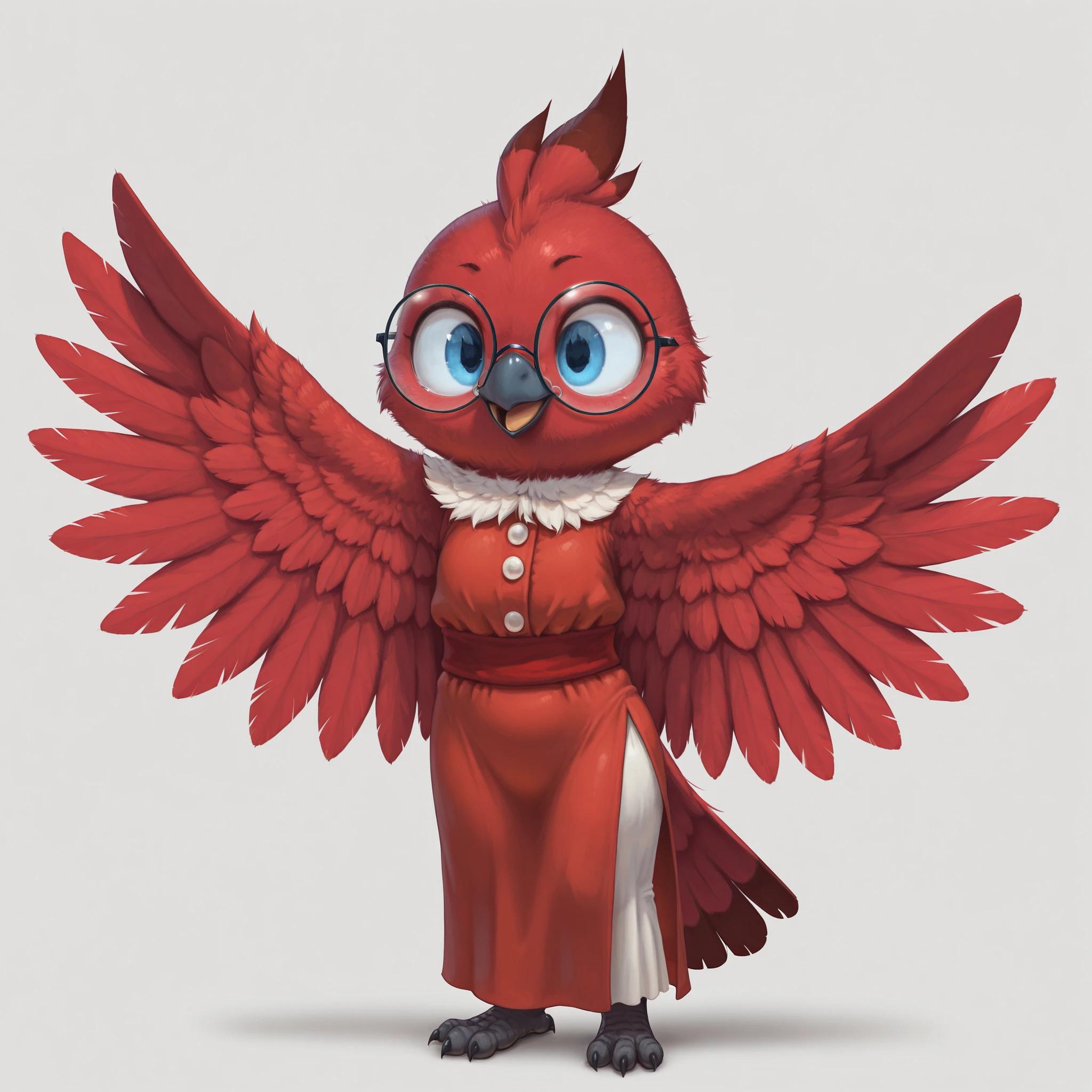 masterpiece, best quality, amazing quality, slvrfxstyleil, bird, red feathers, winged arms, blue eyes, round glasses, red dress, side slit, red sash, standing, simple background, solo, 1girl,
