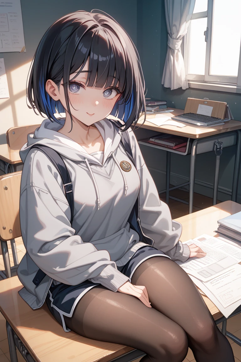 masutepiece, Best Quality,Illustration, Wallpaper, Ultra Detail, 1girl in,Solo,Beautiful detailed eyes,Very thick contour lines、Medium Short-Cut Hair、Short, Braided hair、(student clothes)、Dark hair color、Open mouth and big smile、Kamimei、Angle from which you can see the whole body、Overlooking angle:1.2、small head、ample ???????