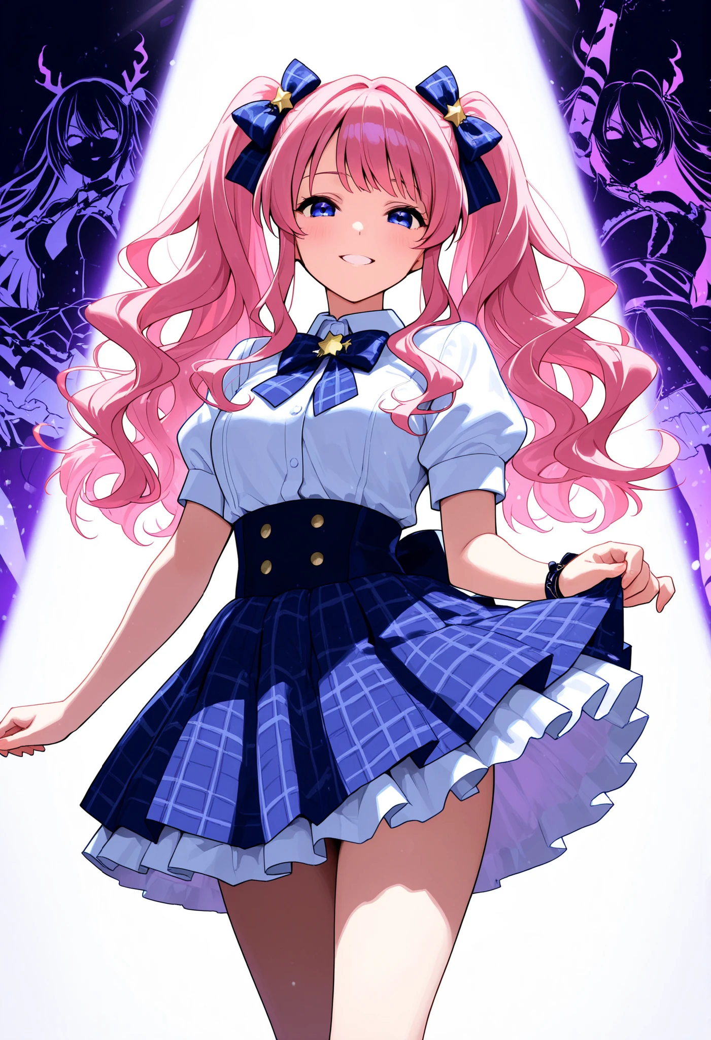 high school girl, beautiful ,long hair, slender, Twin tails, pink hair, Spirit Ripple (Stand),wavy hair,idol costume