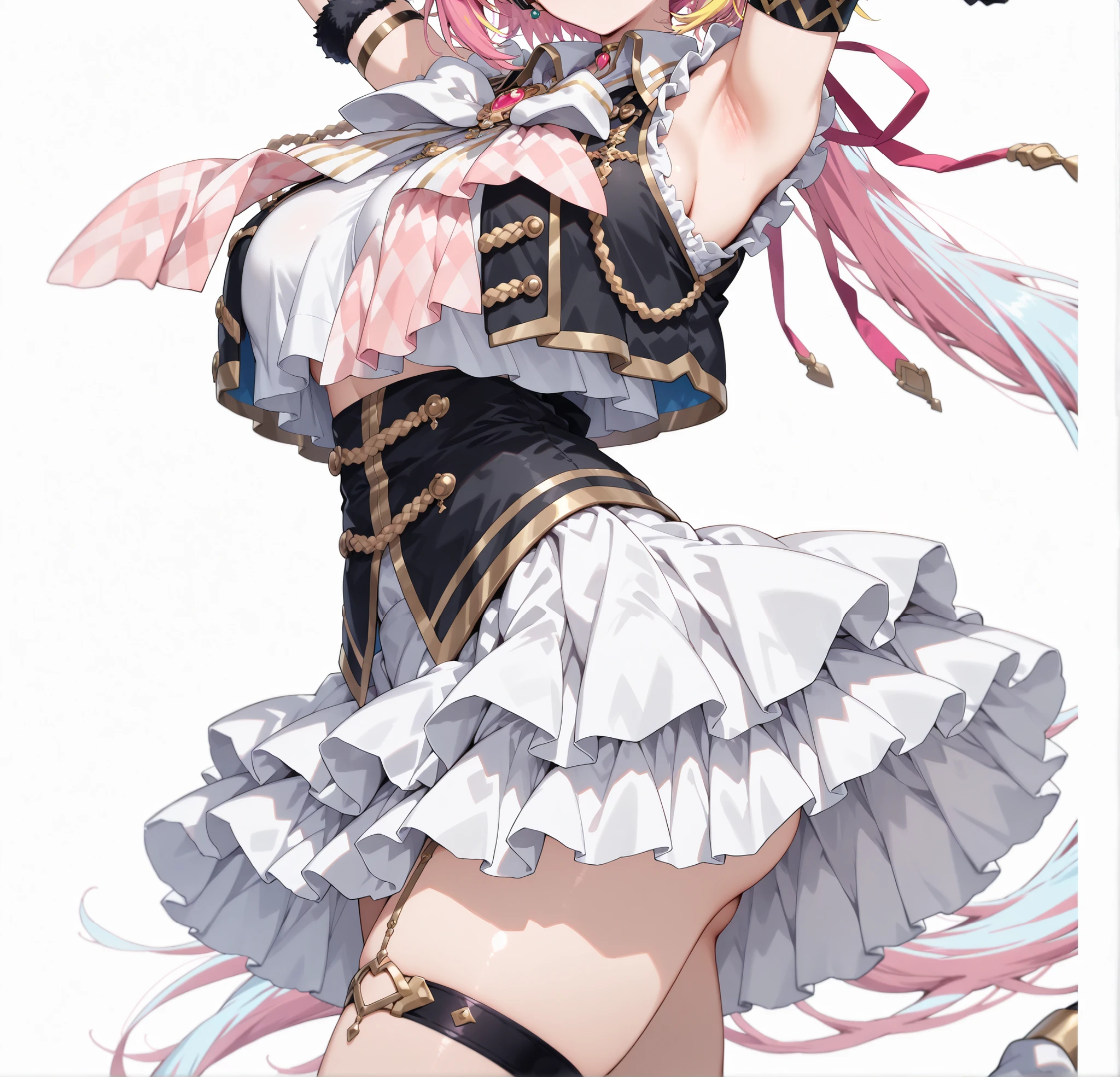nijiyuikacos,white shirt,frilled shirt,shirt overhang,sleeveless,black vest,crop top vest,open vest,aiguillette,gold trim,((large white bow tie)),((long white bow tie)), pink brooch,single armband,black armband,white skirt,layered skirt,black thigh strap,fur-trimmed gloves,,nijiyuikacos,white shirt,shirt overhang,sleeveless,black vest,crop top vest,open vest,aiguillette,gold trim,white bow,pink brooch,single armband,black armband, masterpiece, best quality, highres, anatomically correct,((white background)), ((large breasts)), parts of underbutt,armpits,Naked Lower Body, ((large hip line)),