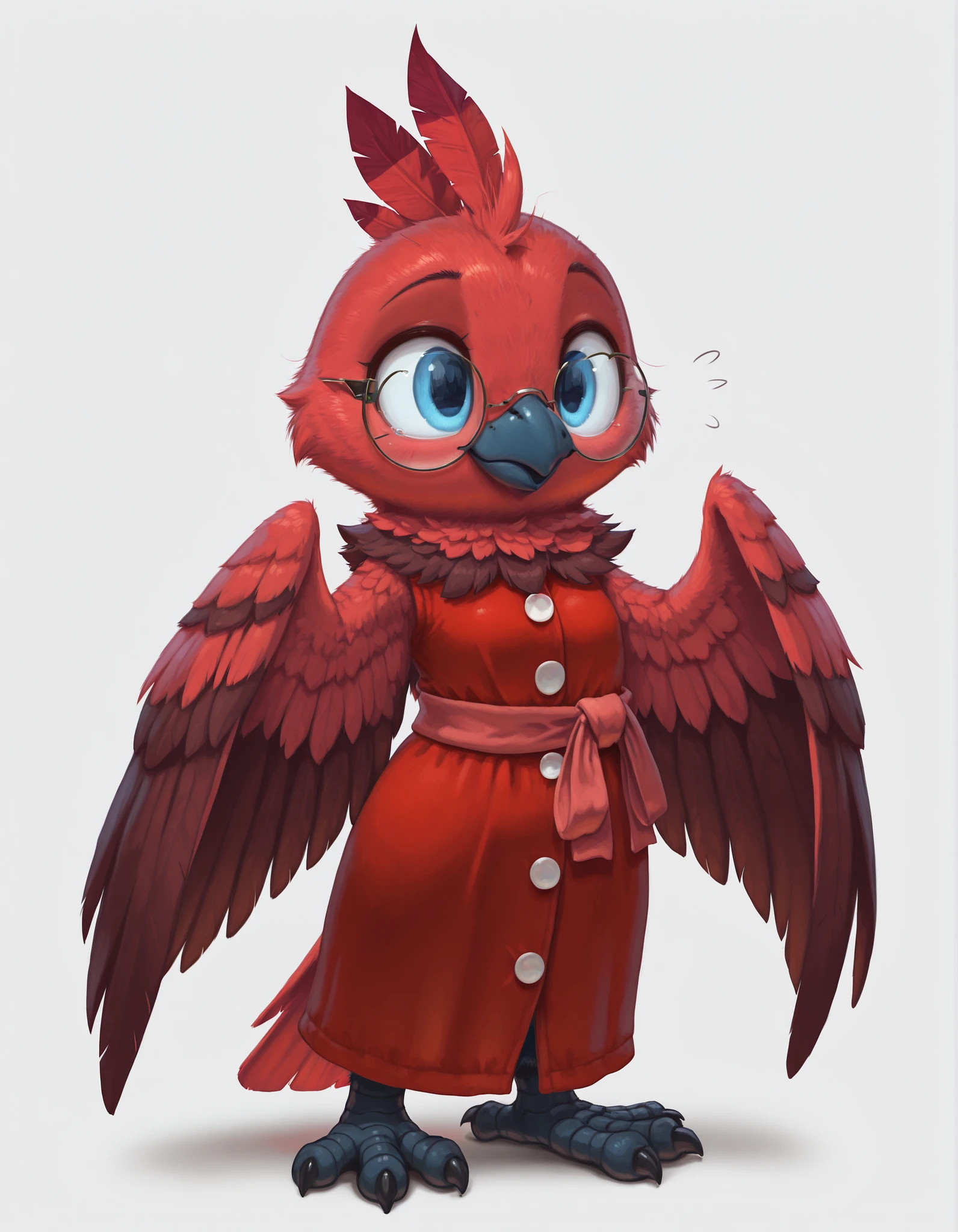 masterpiece, best quality, amazing quality, slvrfxstyleil, bird, red feathers, winged arms, blue eyes, round glasses, red dress, red sash, standing, simple background, solo, 1girl, scaled bird legs
