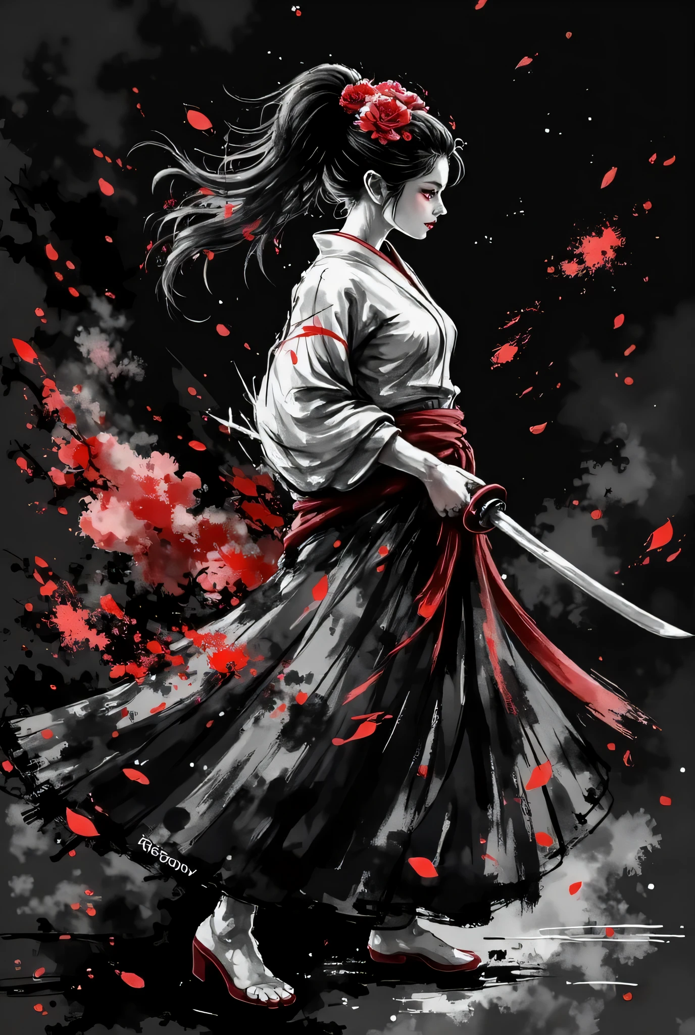 Japanese brush and colored ink, rough sketch, thick ink effect lines, solo, 1girl, black ponytail, rose hair flower, white jinbaori, black hakama, zouri, standing, holding katana, legs apart, falling petals, rose petals, wind, black background, (from behind:1.2),