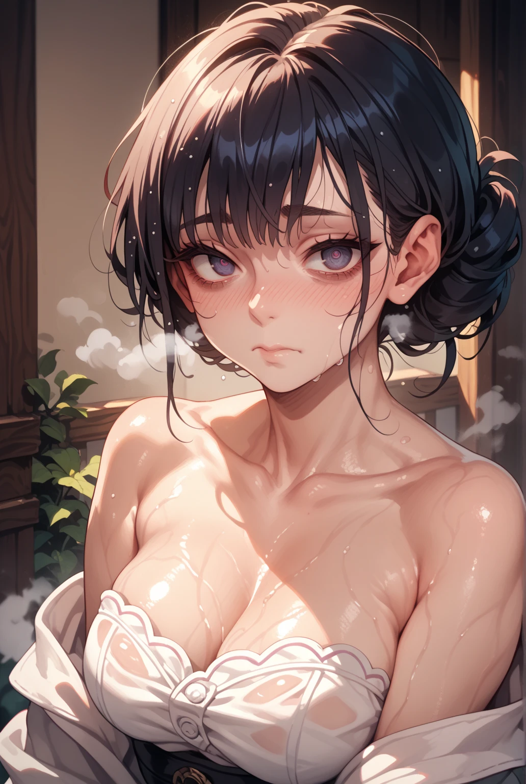 NSFW、In the best quality、Teenage girl standing in a room。In high resolution、Beautiful details、Quiet atmosphere。Black hair ponytail、Cute crying face.。Small breasts、naked。
