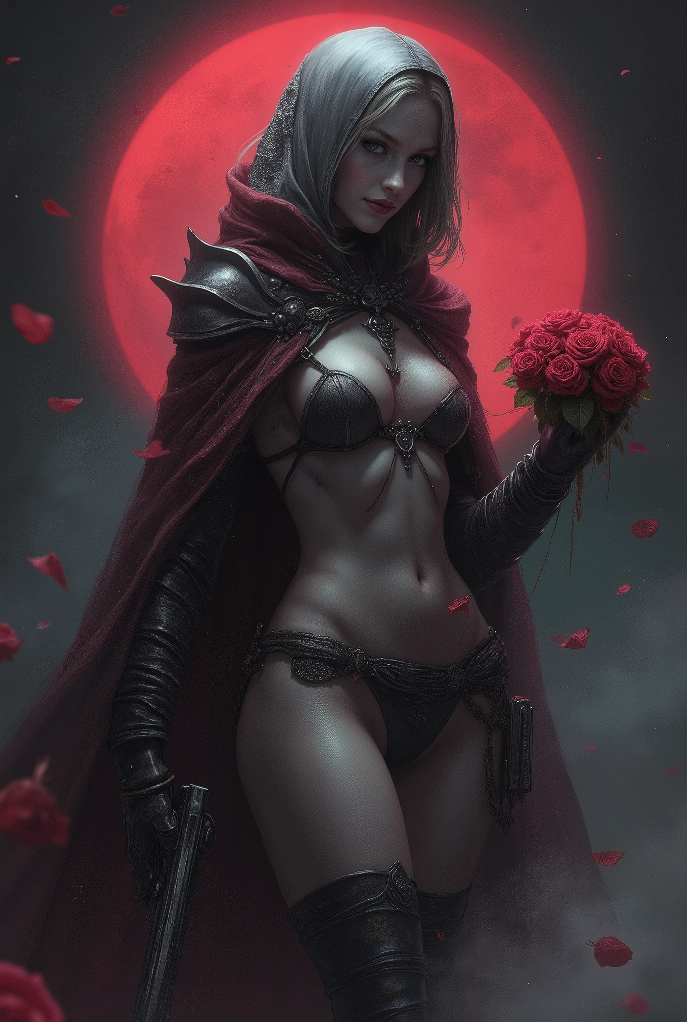Assassin, (Female drow slave bikini chest covered)(smile) Gray skin,garter belt, gun and roses in hands, pale golden very short hair and silver eyes. She prefer's clothing of gray and silver with cloaks of deep red or purple, grey smoke mist background, huge_knockers, ((very precise detailed)) ((highres)), perfect quality, professional lighting, masterpiece, bokeh, floating lot of shower of rose flower in wind, rose in hand up, thigh high socks, giant red thin moon background