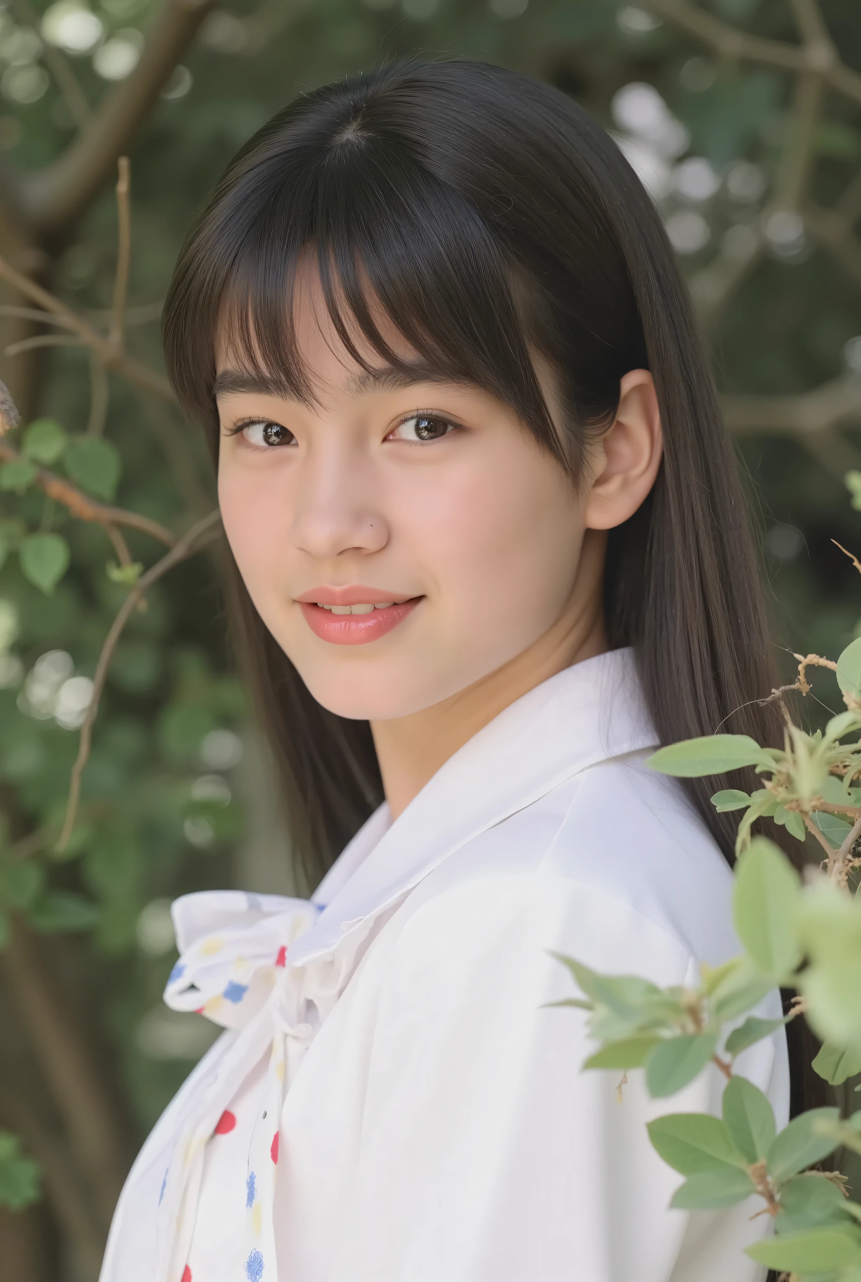 (masterpiece, Highest Quality:1.2), white women、profile, white blazer uniform with、white blazer uniform , Emblem similar to 、Light-colored eyes、shiny black hair、 One ear sticking out 、Gentle smile、beautiful face wearing a white blazer uniform 15-year-old Jennifer Connelly、Picture above the shoulder 、white blouse with colorful ribbon ties、I see one ear、 Staring at someone、