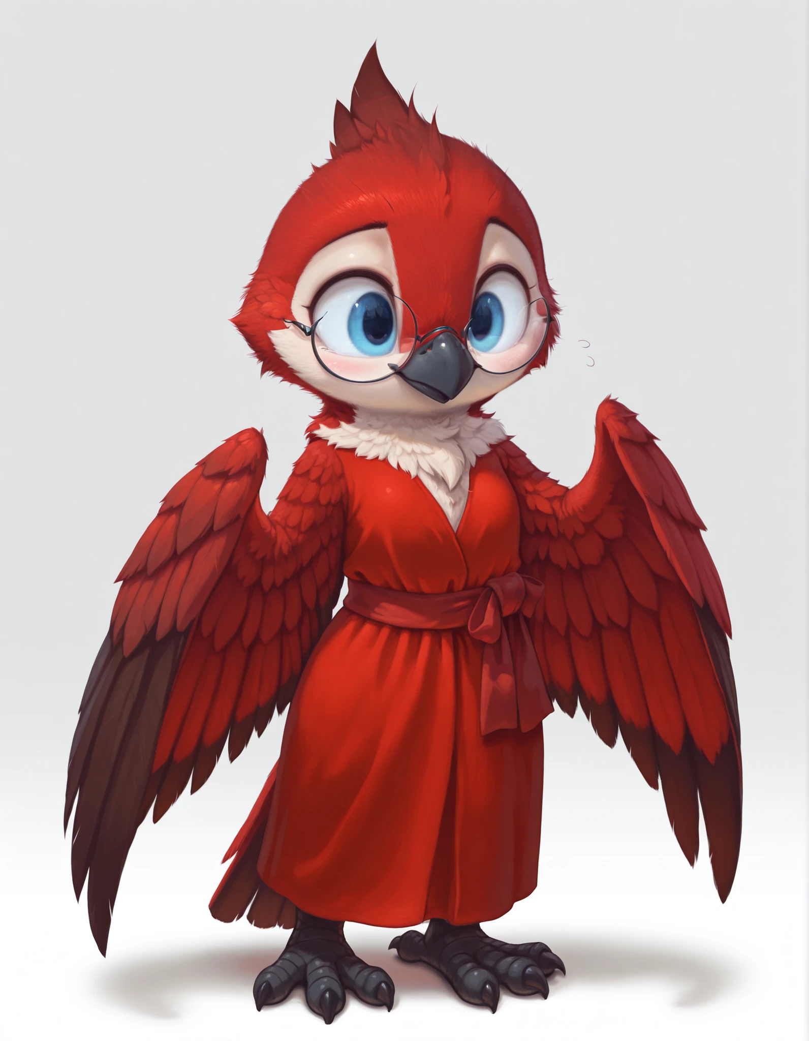 furry, masterpiece, best quality, amazing quality, slvrfxstyleil, bird, red feathers, winged arms, blue eyes, round glasses, red dress, red sash, standing, simple background, (solo:1.3), alone, 1female, scaled bird legs, bird legs, cute,
