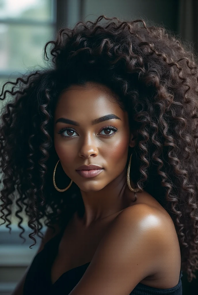    there is a black woman , the woman has, she has dark skin, with dark brownish skin, with long curly, long black loose moisturised curly hair she is cooking a stir 