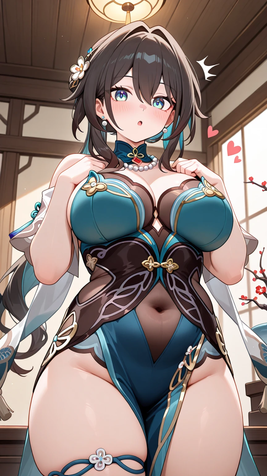 Xianyun(genshin impact),1girl,solo,navy blue hair color,mint inner,color,Akabuchi half-frame glasses,super huge breasts,looking at viewer,near,standing up,in room