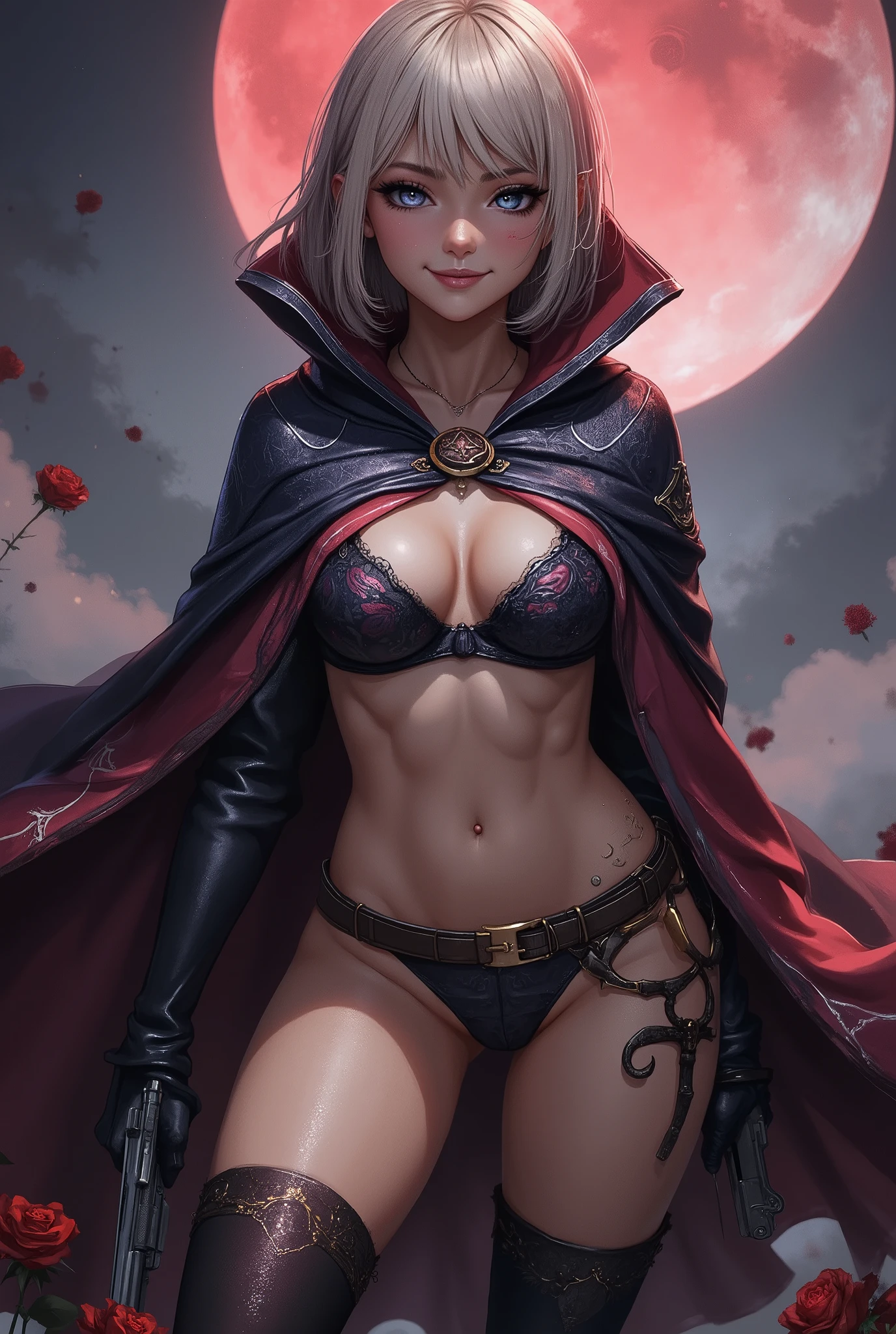 Assassin, (Female drow slave bikini chest covered)(smile) Gray skin,garter belt, gun and roses in hands, pale golden very short hair and silver eyes. She prefer's clothing of gray and silver with cloaks of deep red or purple, grey smoke mist background, huge_knockers, ((very precise detailed)) ((highres)), perfect quality, professional lighting, masterpiece, bokeh, floating lot of shower of rose flower in wind, rose in hand up, thigh high socks, giant red thin moon background, shining big gun shot for viewer, action pose, dynamic pose, dynamic angle,