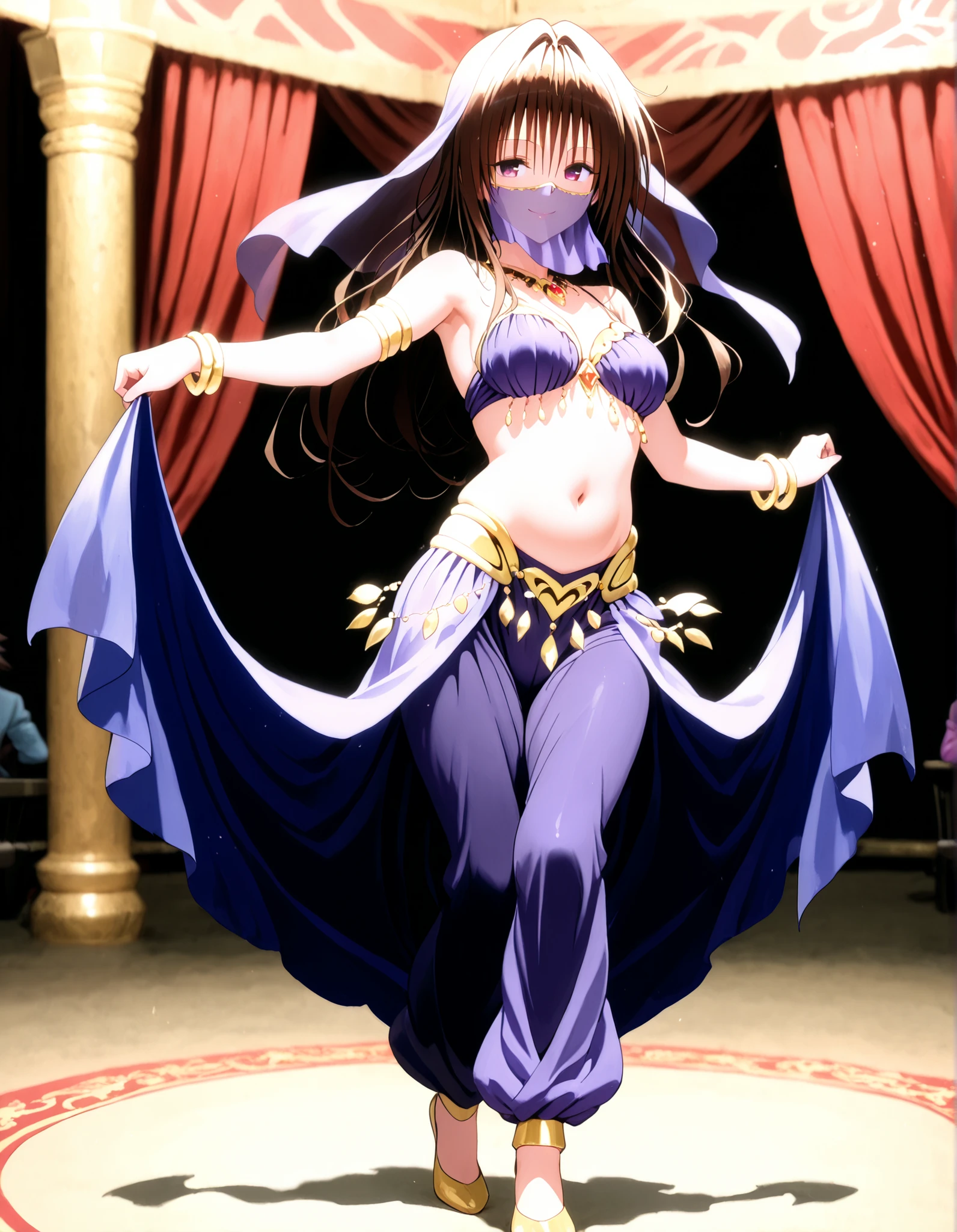 (1girl:1 . 5) , (Seul:1 . 5) , score_9 , score_8_haut , score_7_haut , source_anime , Official work  , ultra-detailed , masterpiece , best quality , high resolution , beaux yeux , detailed eyes , Detailed face , beautiful detailed eyes ,To Love Ru,Rin Kujou,Arabian Clothes , Arabian Dancer ,belly dancer costume,belly dancer outfit ,full body,golden jewelery,mouth veil,armlet, belly dancing,arabian theater,seductive smile, dancing with veil, dynamic movement,dance posture, seductive pose