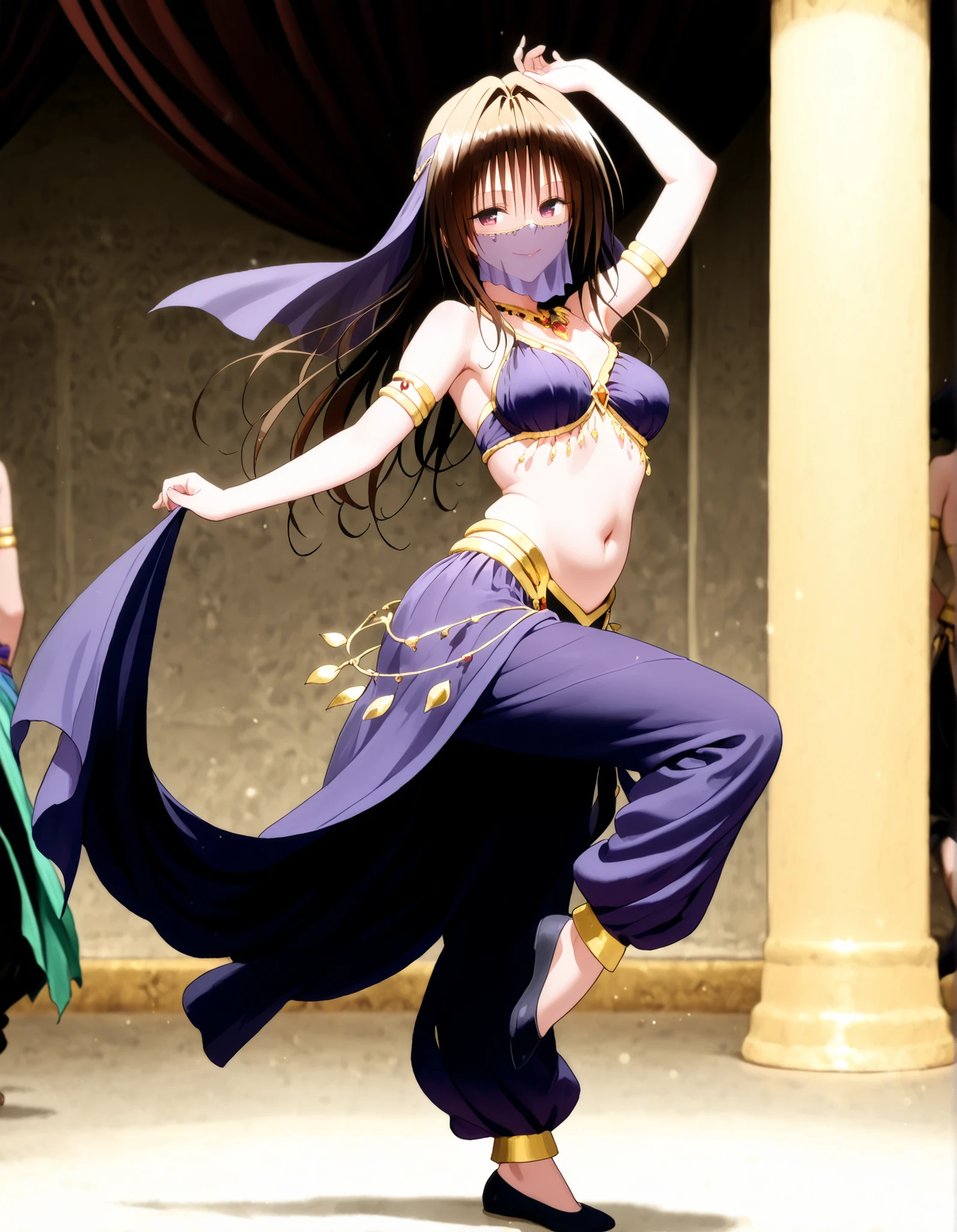 (1girl:1 . 5) , (Seul:1 . 5) , score_9 , score_8_haut , score_7_haut , source_anime , Official work  , ultra-detailed , masterpiece , best quality , high resolution , beaux yeux , detailed eyes , Detailed face , beautiful detailed eyes ,To Love Ru,Rin Kujou,Arabian Clothes , Arabian Dancer ,belly dancer costume,belly dancer outfit ,full body,golden jewelery,mouth veil,armlet, belly dancing,arabian theater,seductive smile, dancing with veil, dynamic movement,dance posture, seductive pose