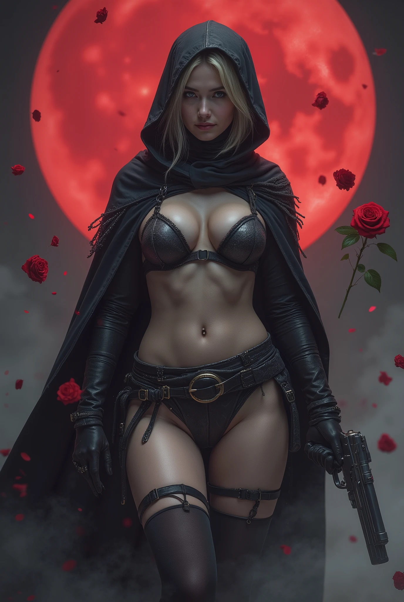 Assassin, (Female drow slave bikini chest covered)(smile) Gray skin,garter belt, gun and roses in hands, pale golden very short hair and silver eyes. She prefer's clothing of gray and silver with cloaks of deep red or purple, grey smoke mist background, huge_knockers, ((very precise detailed)) ((highres)), perfect quality, professional lighting, masterpiece, bokeh, floating lot of shower of rose flower in wind, rose in hand up, thigh high socks, giant red thin moon background, shining big gun shot for viewer, action pose, dynamic pose, dynamic angle,