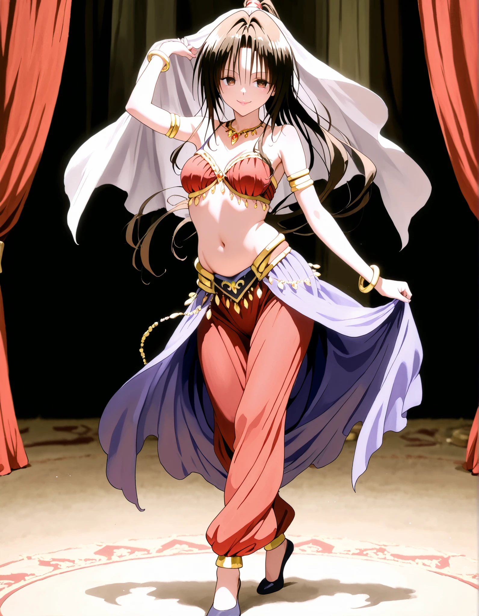 (1girl:1 . 5) , (Seul:1 . 5) , score_9 , score_8_haut , score_7_haut , source_anime , Official work  , ultra-detailed , masterpiece , best quality , high resolution , beaux yeux , detailed eyes , Detailed face , beautiful detailed eyes, long hair, black hair, brown eyes, ponytail ,To Love Ru,Rin Kujou,Arabian Clothes , Arabian Dancer ,belly dancer costume,belly dancer outfit ,full body,golden jewelery,armlet, belly dancing,arabian theater,seductive smile, dancing with veil, dynamic movement,dance posture, seductive pose