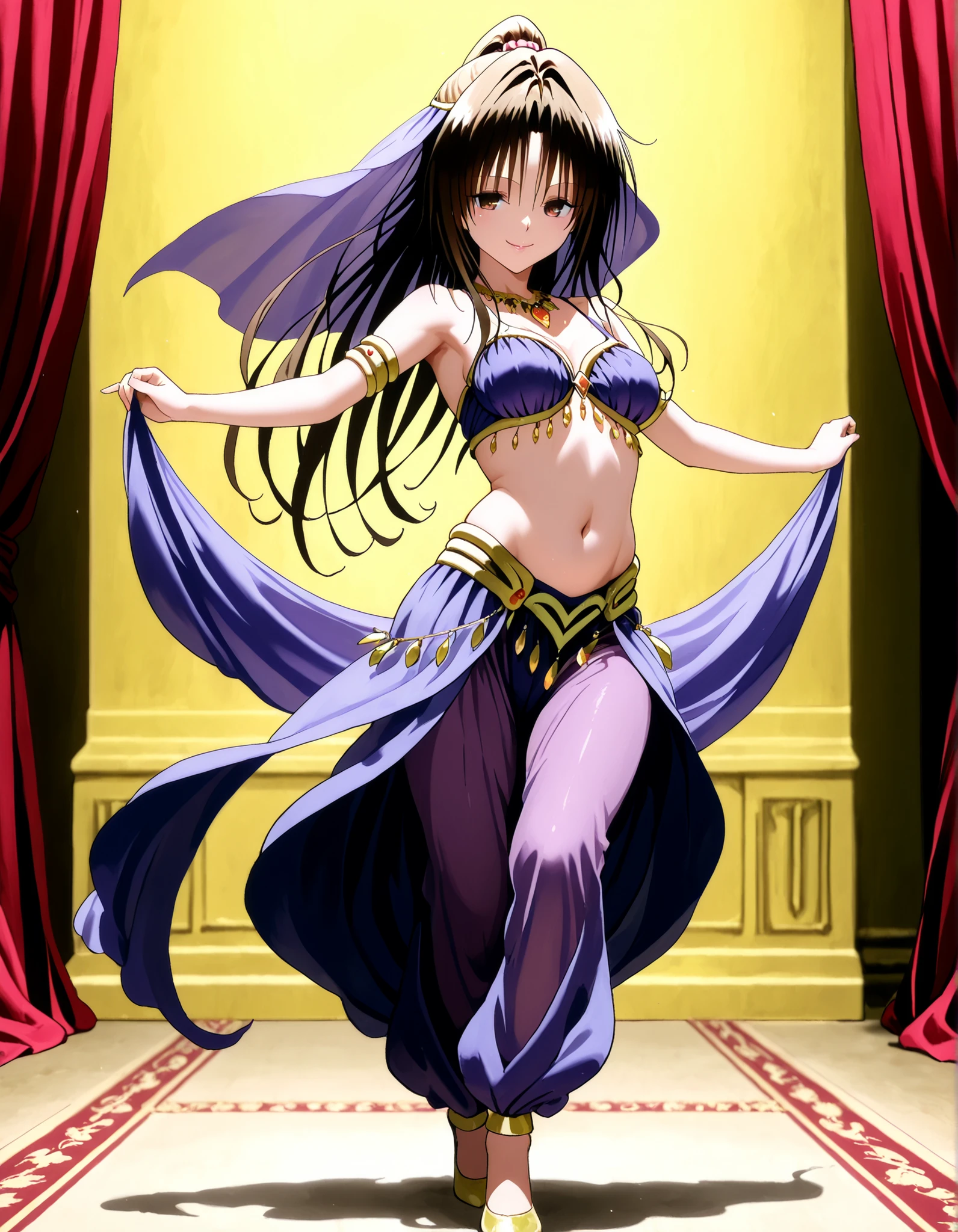 (1girl:1 . 5) , (Seul:1 . 5) , score_9 , score_8_haut , score_7_haut , source_anime , Official work  , ultra-detailed , masterpiece , best quality , high resolution , beaux yeux , detailed eyes , Detailed face , beautiful detailed eyes, long hair, black hair, brown eyes, ponytail ,To Love Ru,Rin Kujou,Arabian Clothes , Arabian Dancer ,belly dancer costume,belly dancer outfit ,full body,golden jewelery,armlet, belly dancing,arabian theater,seductive smile, dancing with veil, dynamic movement,dance posture, seductive pose
