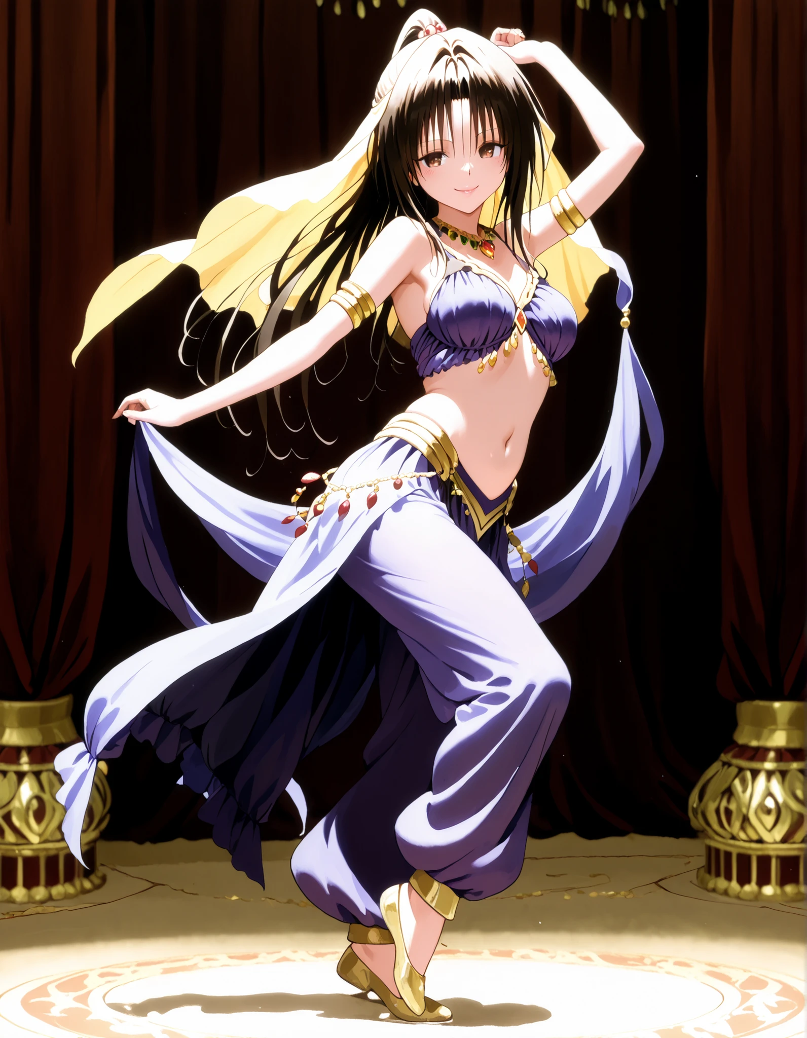 (1girl:1 . 5) , (Seul:1 . 5) , score_9 , score_8_haut , score_7_haut , source_anime , Official work  , ultra-detailed , masterpiece , best quality , high resolution , beaux yeux , detailed eyes , Detailed face , beautiful detailed eyes, long hair, black hair, brown eyes, ponytail ,To Love Ru,Rin Kujou,Arabian Clothes , Arabian Dancer ,belly dancer costume,belly dancer outfit ,full body,golden jewelery,armlet, belly dancing,arabian theater,seductive smile, dancing with veil, dynamic movement,dance posture, seductive pose