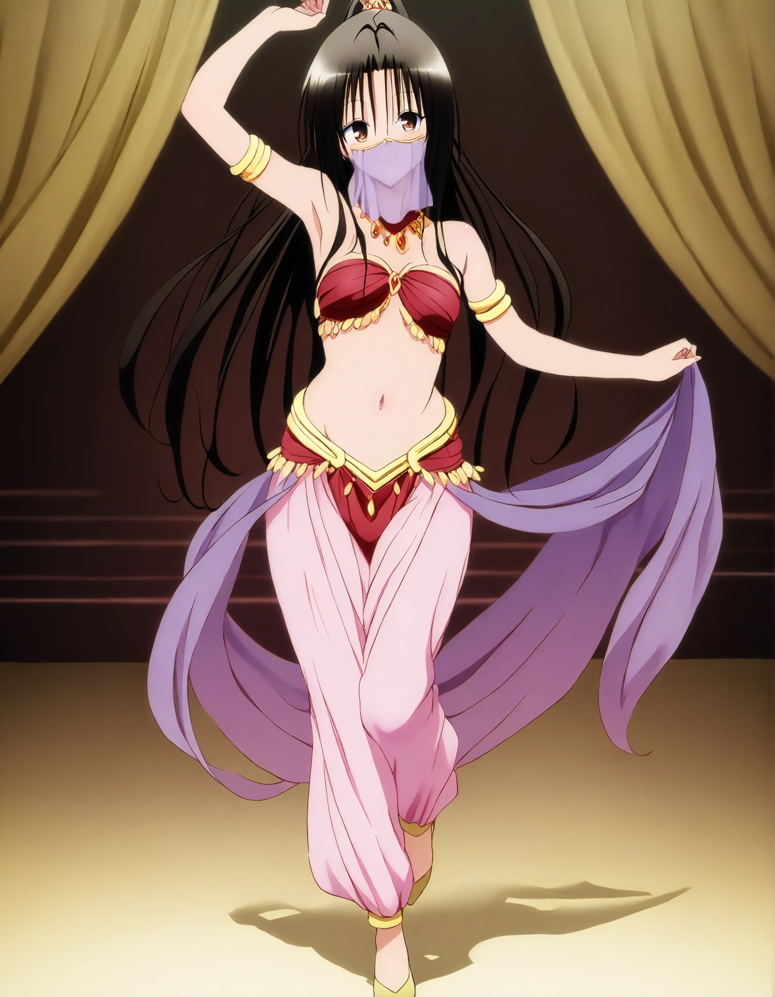 (1girl:1 . 5) , (Seul:1 . 5) , score_9 , score_8_haut , score_7_haut , source_anime , Official work  , ultra-detailed , masterpiece , best quality , high resolution , beaux yeux , detailed eyes , Detailed face , beautiful detailed eyes, long hair, black hair, brown eyes, ponytail  ,To Love Ru,Rin Kujou,Arabian Clothes , Arabian Dancer ,belly dancer costume,belly dancer outfit ,full body,golden jewelery,mouth veil,armlet, belly dancing,arabian theater,seductive smile, dancing with veil, dynamic movement,dance posture, seductive pose