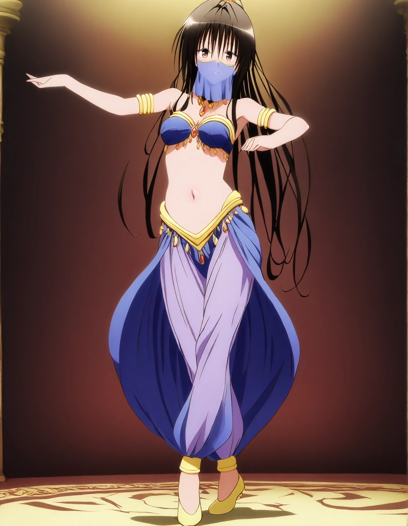 (1girl:1 . 5) , (Seul:1 . 5) , score_9 , score_8_haut , score_7_haut , source_anime , Official work  , ultra-detailed , masterpiece , best quality , high resolution , beaux yeux , detailed eyes , Detailed face , beautiful detailed eyes, long hair, black hair, brown eyes, ponytail  ,To Love Ru,Rin Kujou,Arabian Clothes , Arabian Dancer ,belly dancer costume,belly dancer outfit ,full body,golden jewelery,mouth veil,armlet, belly dancing,arabian theater,seductive smile, dancing with veil, dynamic movement,dance posture, seductive pose