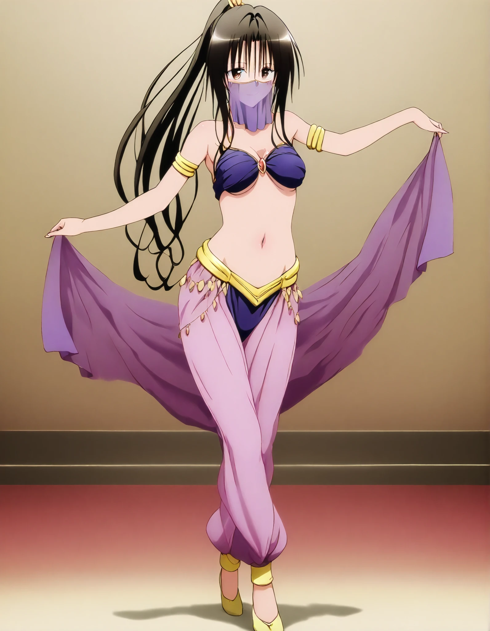 (1girl:1 . 5) , (Seul:1 . 5) , score_9 , score_8_haut , score_7_haut , source_anime , Official work  , ultra-detailed , masterpiece , best quality , high resolution , beaux yeux , detailed eyes , Detailed face , beautiful detailed eyes, long hair, black hair, brown eyes, ponytail  ,To Love Ru,Rin Kujou,Arabian Clothes , Arabian Dancer ,belly dancer costume,belly dancer outfit ,full body,golden jewelery,mouth veil,armlet, belly dancing,arabian theater,seductive smile, dancing with veil, dynamic movement,dance posture, seductive pose