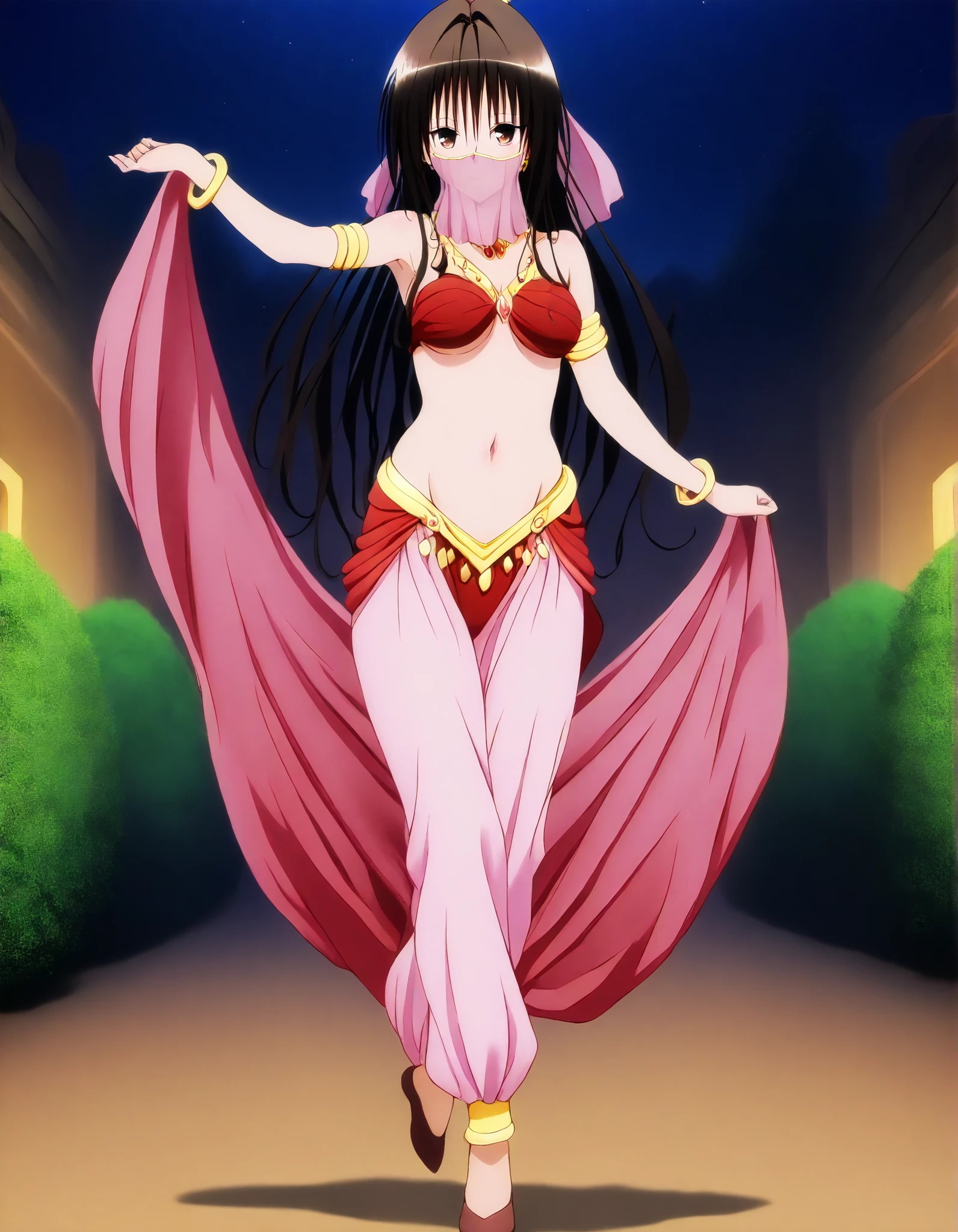 (1girl:1 . 5) , (Seul:1 . 5) , score_9 , score_8_haut , score_7_haut , source_anime , Official work  , ultra-detailed , masterpiece , best quality , high resolution , beaux yeux , detailed eyes , Detailed face , beautiful detailed eyes, long hair, black hair, brown eyes, ponytail ,To Love Ru,Rin Kujou,Arabian Clothes , Arabian Dancer ,belly dancer costume,belly dancer outfit ,full body,golden jewelery,mouth veil,armlet, belly dancing,night,arabian garden,seductive smile, dancing with veil, dynamic movement,dance posture, seductive pose