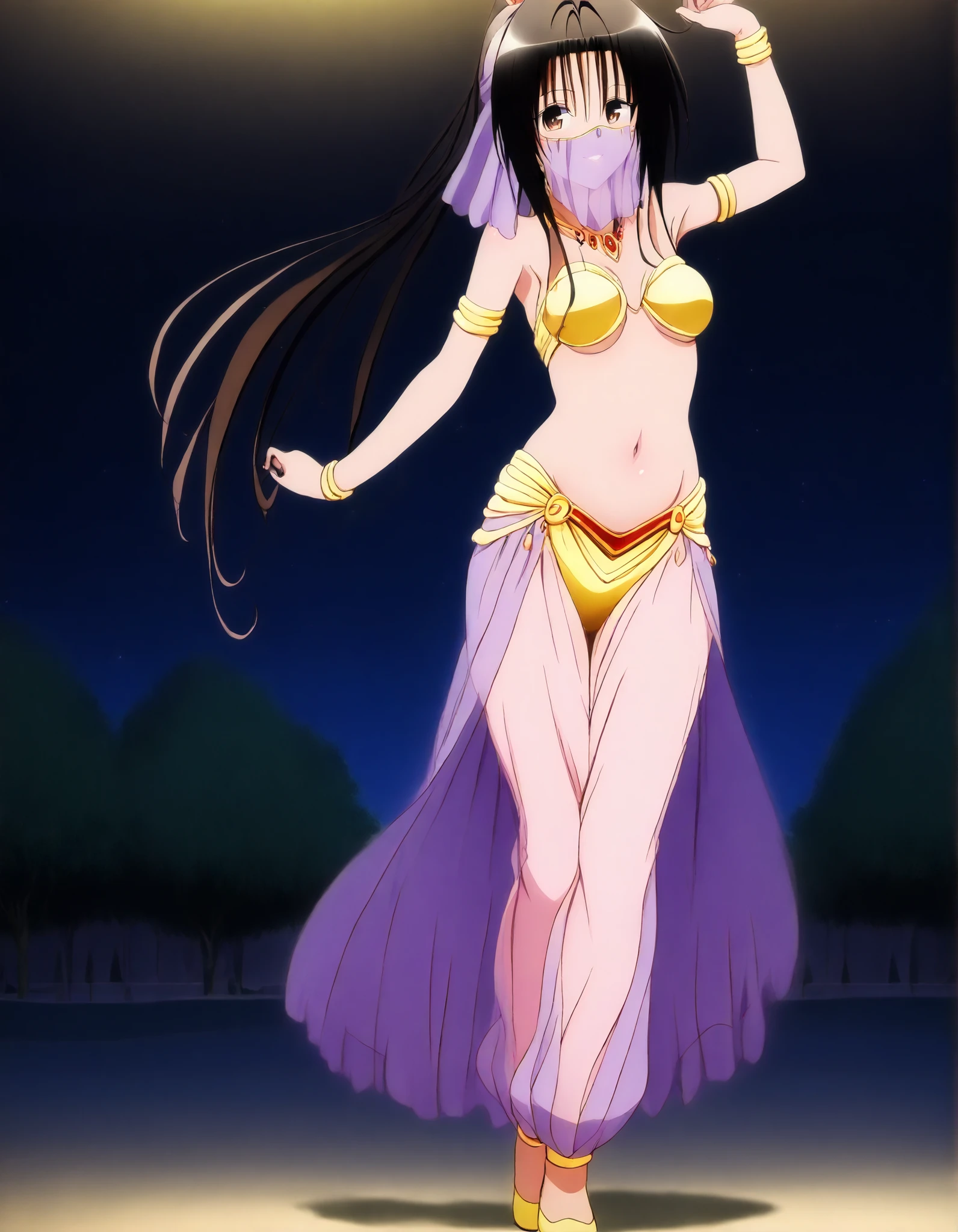 (1girl:1 . 5) , (Seul:1 . 5) , score_9 , score_8_haut , score_7_haut , source_anime , Official work  , ultra-detailed , masterpiece , best quality , high resolution , beaux yeux , detailed eyes , Detailed face , beautiful detailed eyes, long hair, black hair, brown eyes, ponytail ,To Love Ru,Rin Kujou,Arabian Clothes , Arabian Dancer ,belly dancer costume,belly dancer outfit ,full body,golden jewelery,mouth veil,armlet, belly dancing,night,arabian garden,seductive smile, dancing with veil, dynamic movement,dance posture, seductive pose