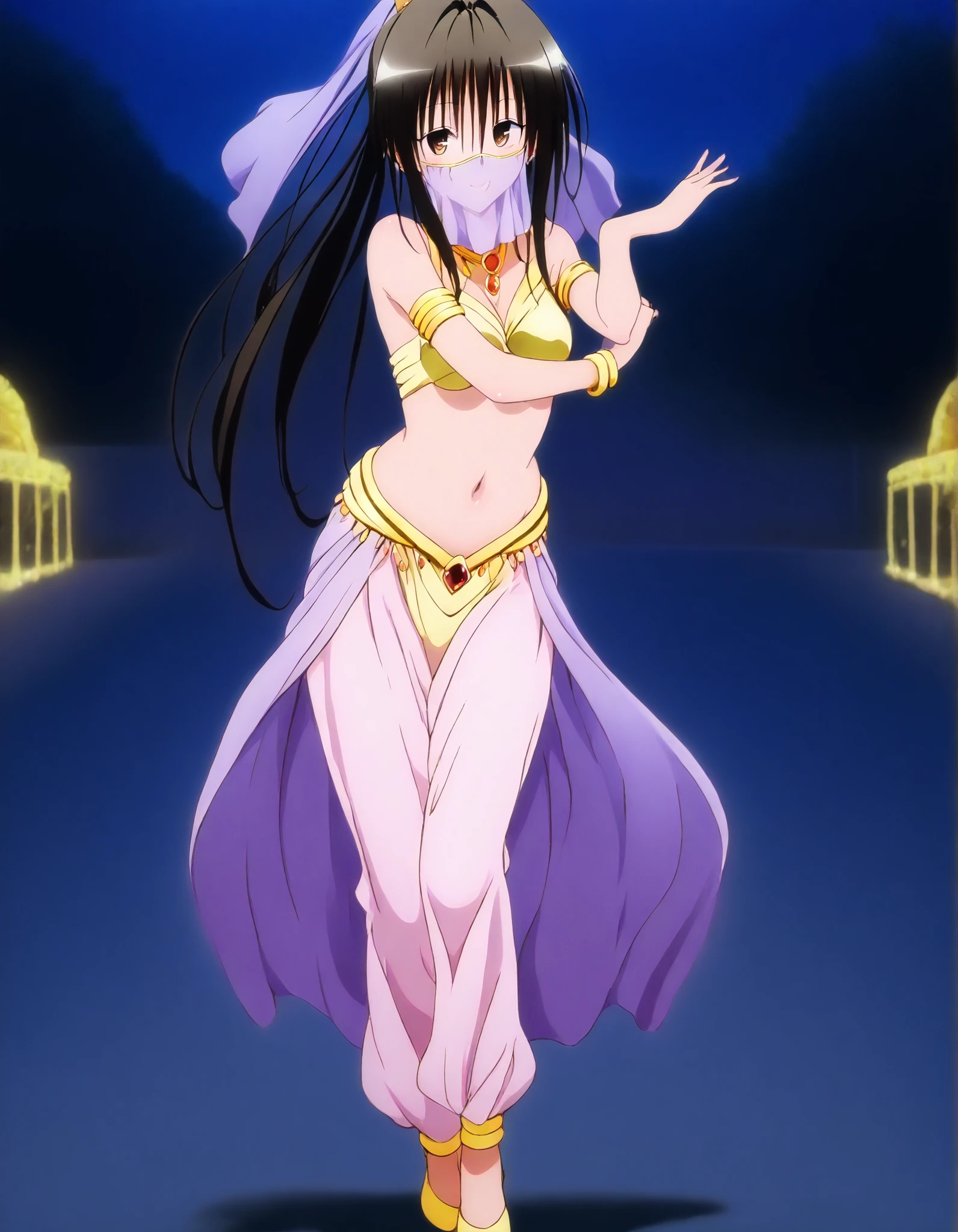 (1girl:1 . 5) , (Seul:1 . 5) , score_9 , score_8_haut , score_7_haut , source_anime , Official work  , ultra-detailed , masterpiece , best quality , high resolution , beaux yeux , detailed eyes , Detailed face , beautiful detailed eyes, long hair, black hair, brown eyes, ponytail ,To Love Ru,Rin Kujou,Arabian Clothes , Arabian Dancer ,belly dancer costume,belly dancer outfit ,full body,golden jewelery,mouth veil,armlet, belly dancing,night,arabian garden,seductive smile, dancing with veil, dynamic movement,dance posture, seductive pose